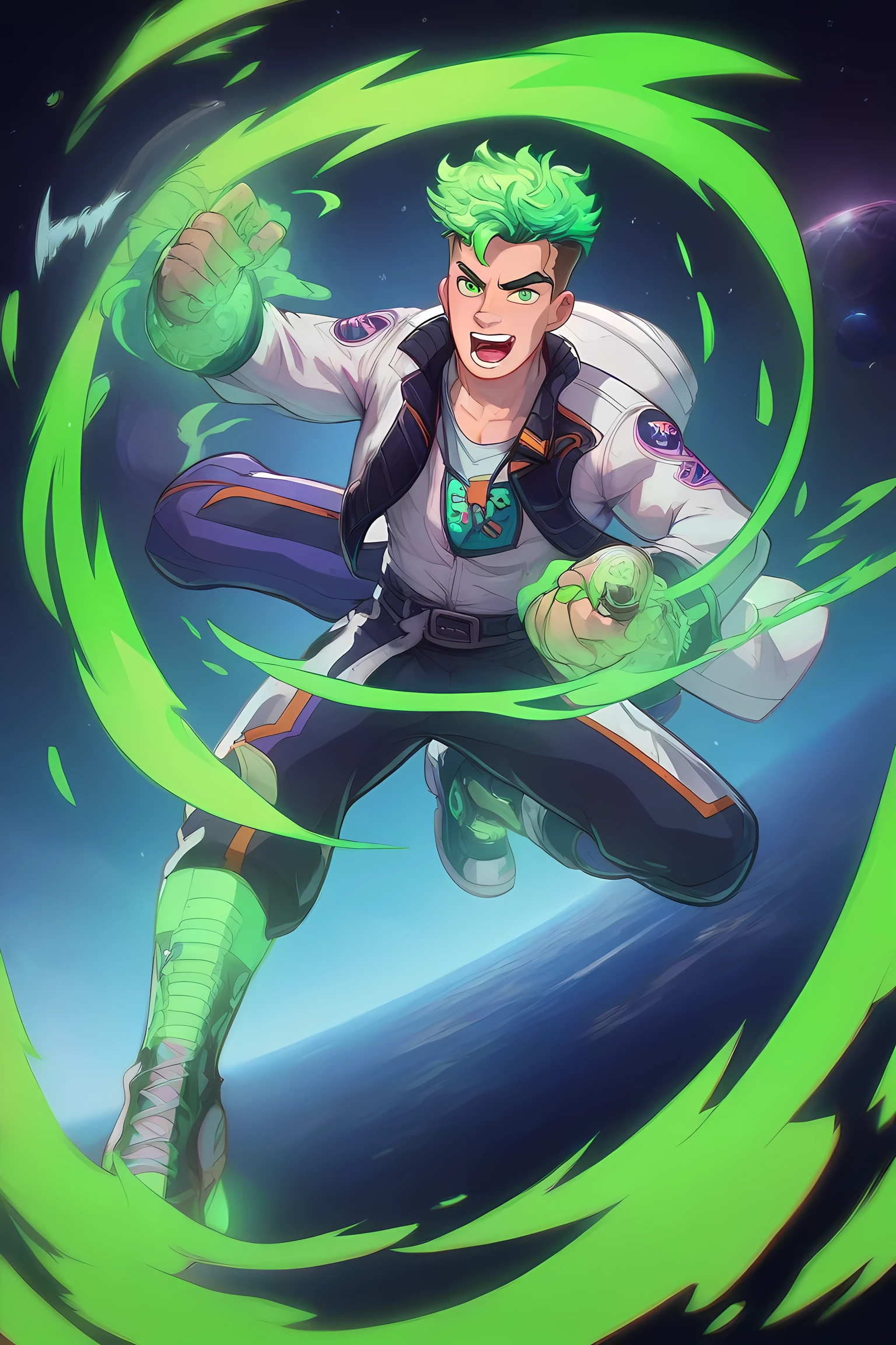 anime boy with green glowing neon hair, black space suit fighting aliens in grasslands martial arts tournament, green energy powers, professionally drawn, danny phantom cartoon
