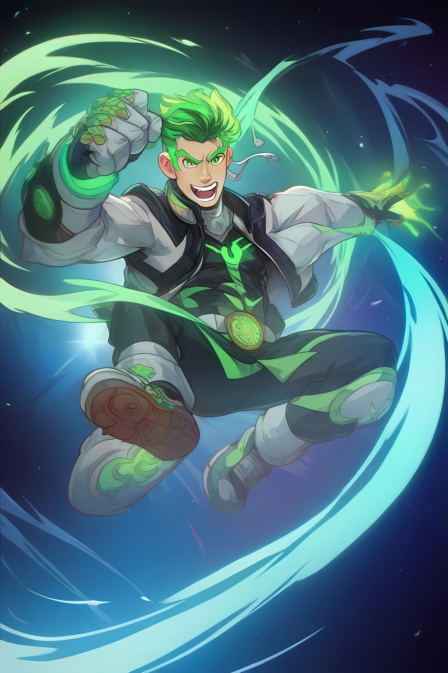 anime boy with green glowing neon hair, black space suit fighting aliens in grasslands martial arts tournament, green energy powers, professionally drawn, danny phantom cartoon