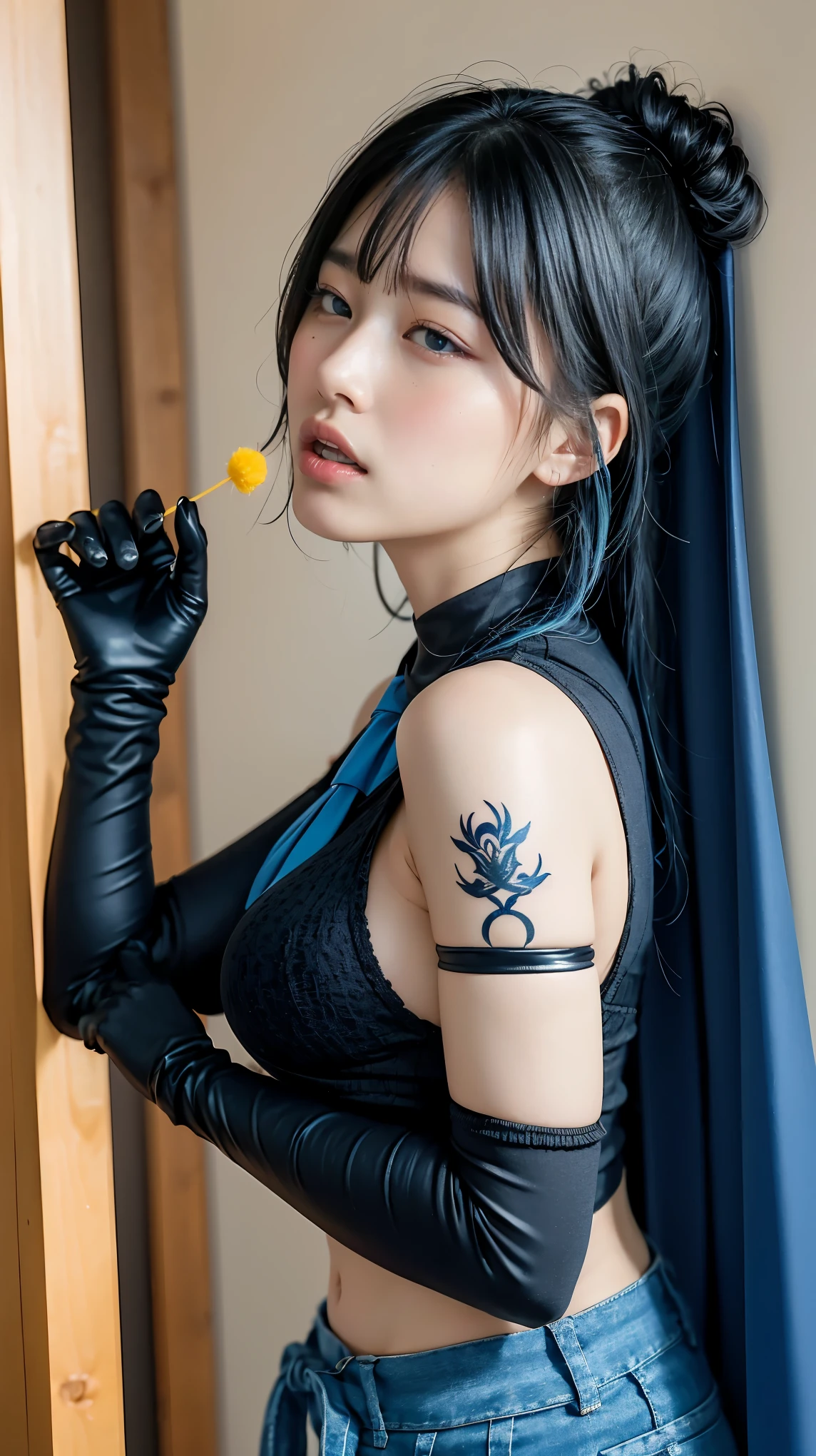 Beautiful Gothic ta Girl, Silky black hair in braids, blue eyes, Thin lips, Round face, Small and flat chest, 18 year old loliRelax in gothic style clothing,(((He has many tattoos all over his body)), (((Tight waist))), ((Big Breasts)),((See-through)),panties,