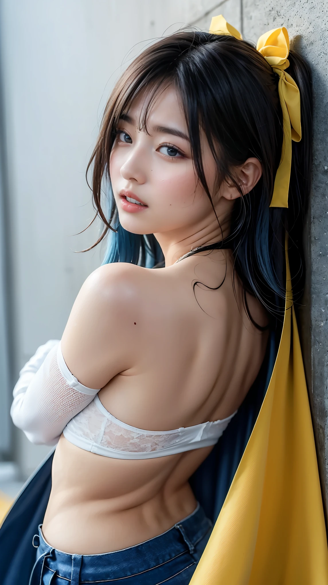 liquid thong, female focus, 1girl, solo, long hair, blue hair, earrings, jewelry, simple background, ponytail, low ponytail, grey background, extremely handsome female, (naked body), wearing micro black tiny g-string, mage long red robes, single earring, bangs, liquid hair, sky print,