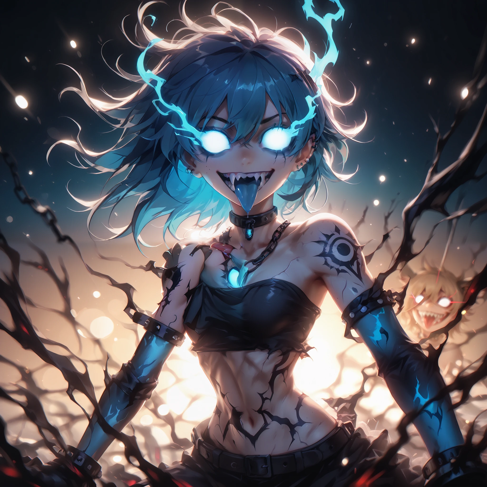 ( Ultra-detailed), ( masterpiece ), ( best quality), ( depth of field ), (sharp focus), ( cinematographic lighting), (vibrant blue), 1 , crazy smile, dams,  with the tongue out ,  glowing eyes,  Gothic style,  dark makeup , black tattoos, piercings de prata, psychotic, psycho, A dark lighted anime female with blue glowing eyes, deep eyes, neon blue hair and a lot of blue energy, psycho smile, ((cyan flames  in the background)), sharp teeth, battle pose, (((blue gradient background:1.4))), energy, Energetic, phonk, Brazilian phonk, Simple Design, Simplified --s 100 --niji 5 --ar 1:1