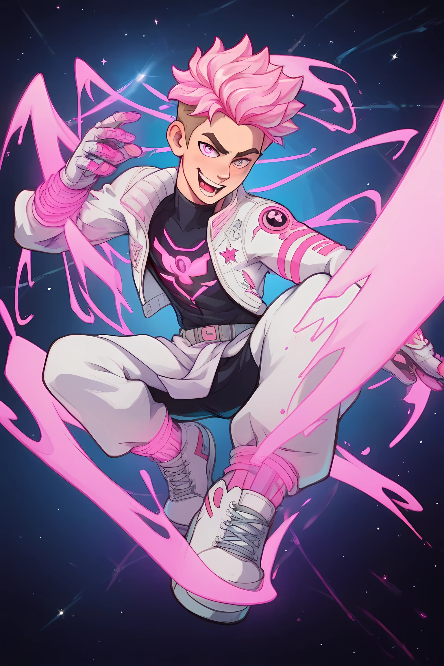 anime boy with pink glowing neon hair, black space suit, in grasslands martial arts tournament, pink energy powers, professionally drawn, danny phantom cartoon
