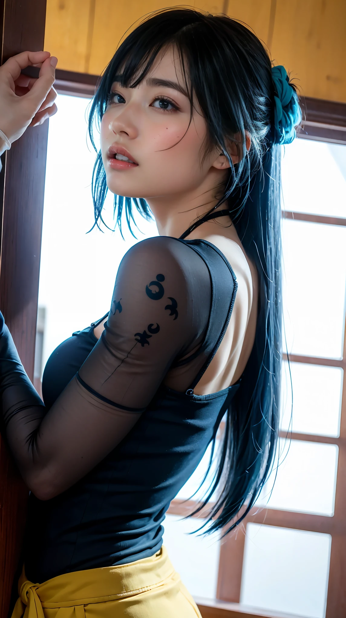 (8K、Raw photography、top-quality、masterpiece:1.2)、(Anatomically correct body、realisitic、Photorealsitic:1.37)、ultra-detailliert、(((Low Angle Full Body Shot)))、realistic eyes and face details、realistic skin textures、natural skin textures、Fair skin、A detailed face、真实感、Realistic background、Realistic lighting、Hallyu idol、T back、Supermodel body type、profetional lighting、电影灯光、darkened room、(Forward leaning position、Small buttocks、skinny thigh、Curvaceous、posterior view、Sweaty lower body)