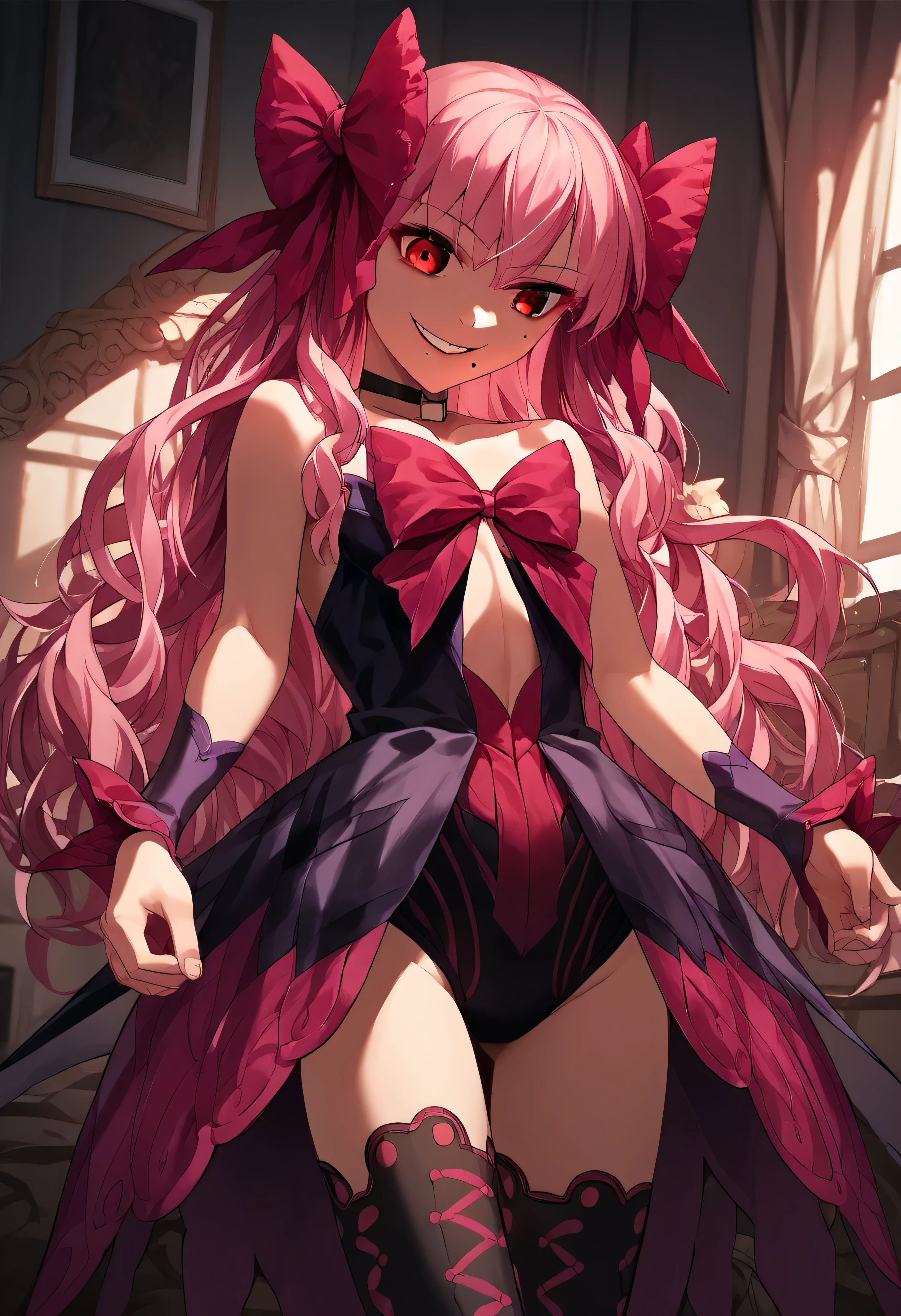 1girl, really long hair, pink hair, red eyes, mole under mouth, hair bow, choker, ribbon, leotard, center opening, bare shoulders, black thighhighs, wrist cuffs, laying, standing, cowboy shot, indoors, gothic, bedroom,  score_9, score_8_up, score_7_up, score_6_up, score_5_up, score_4_up, BREAK source_anime, masterpiece,,very evil smile,best quality,looking down at viewer