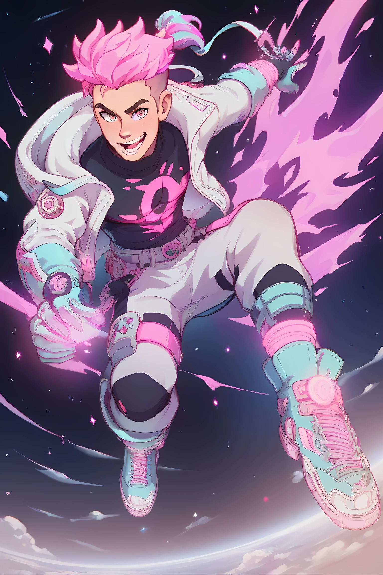 anime boy with pink glowing neon hair, black space suit, in grasslands, pink energy powers, professionally drawn, danny phantom cartoon