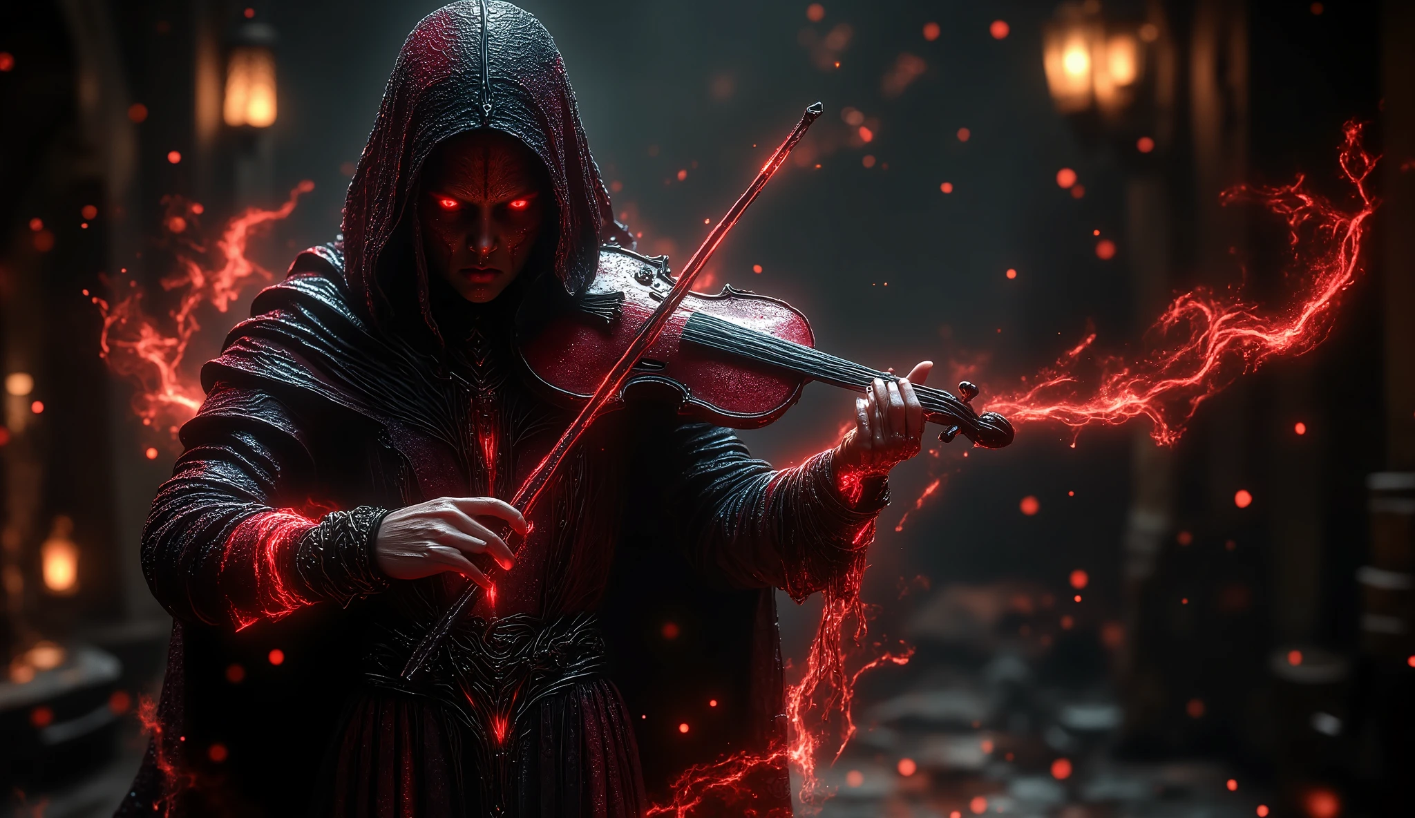 A scary woman playing the violin (far corner) (Dark and sad atmosphere) (Black and dark red color combination) (clear face) (facing angle) (very detailed)