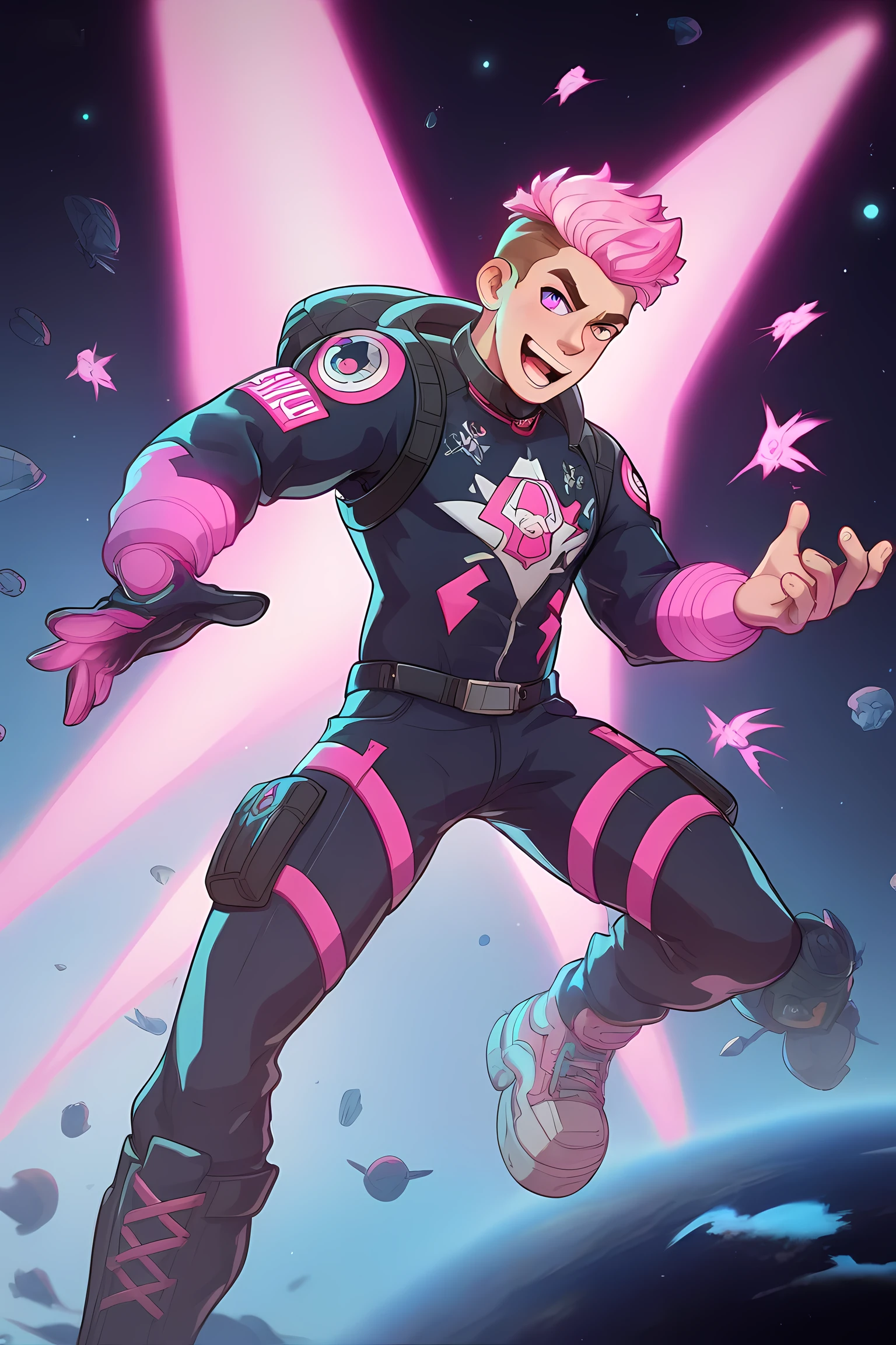 anime boy with pink glowing neon hair, black space suit, in grasslands, pink energy powers, professionally drawn, danny phantom cartoon
