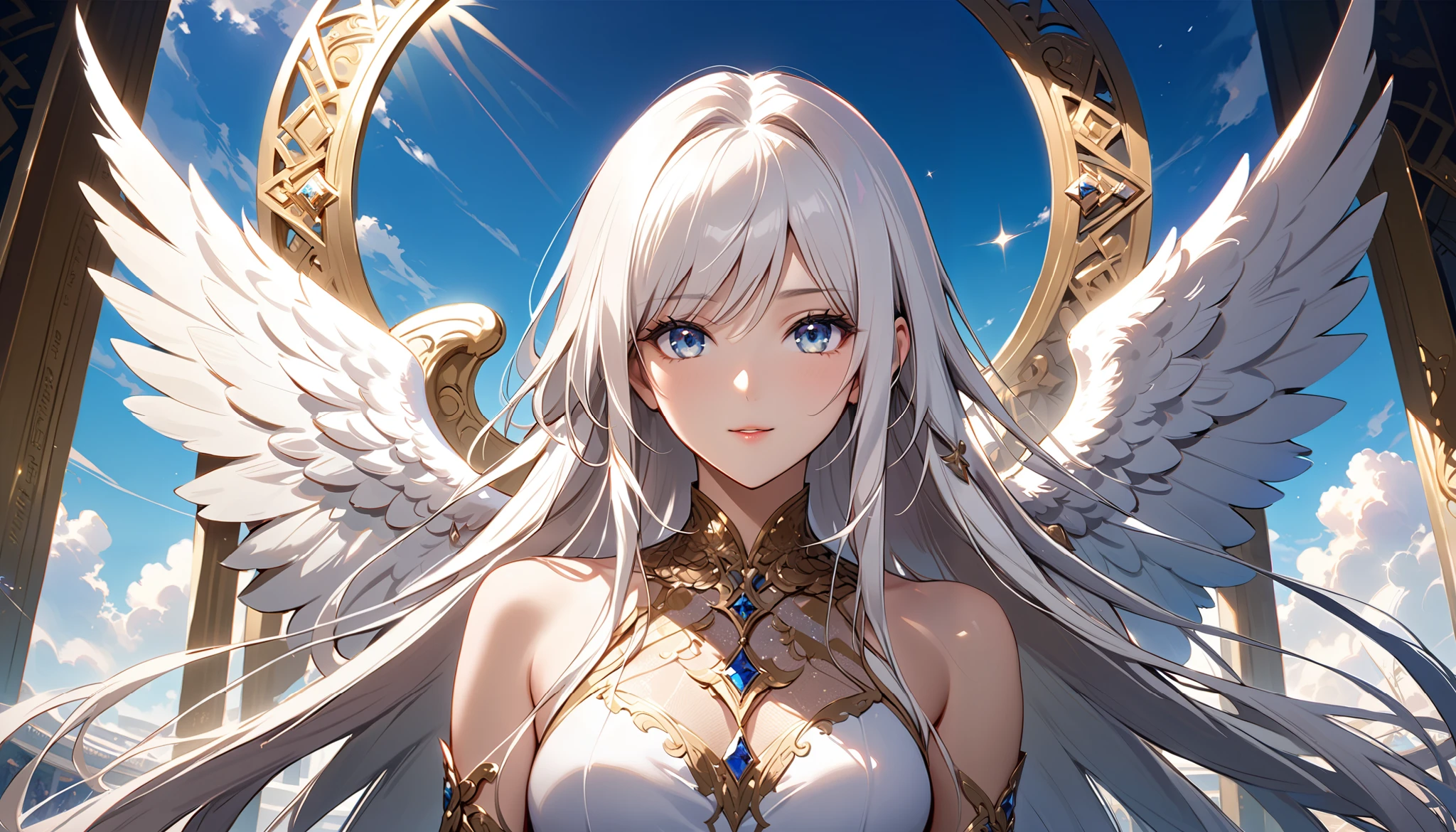 The background is just a blue sky 、((( dynamic pose:1.5))),( Composition with characters standing in the center of the screen :1.2)、(((very wide view:1.5))),((( hyperdetail :1.5))), (((masterpiece, 最 High Quality , The Greatest Masterpiece、 more details, Best Shadow:1.5))), (Extremely beautiful and detailed eyes ), (Best lighting, Extremely Delicate and Beautiful Face ), ((( 1 woman, Alone,White hair color、 straight long hair, Kind Face, light blue sparkling eyes , How to do it:1.5))),( A Young and Very Beautiful Angel )、((( A very glittering and vivid blue sky spreads out:1.5))), (((16K resolution:1.5)))、(Extremely beautiful and detailed face ), white angel dress 、Very kind smile 、 High Quality , high resolution, 16k, detailed background , Shiny, Clear, White, Long Hair 、 long eyelashes , clean skin, Beautiful Legs, ((( with angel wings on their backs :1.5)))、 angel wings、 written depth、The subject reflects the whole body