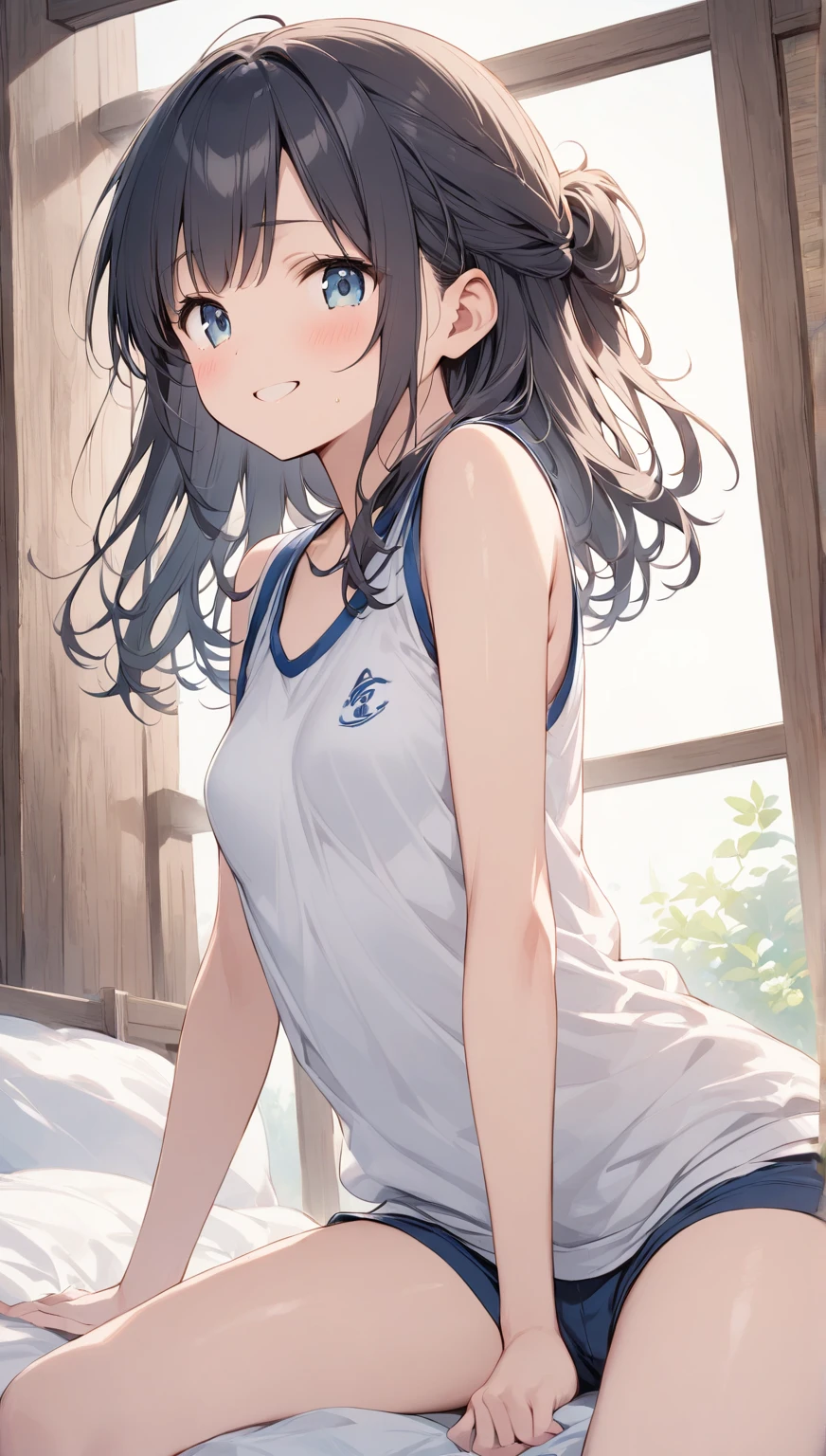 masterpiece, best quality, 1girl, solo, female focus, girls und panzer, shimada arisu, hair ribbon, (white pajamas:1.2), blush, solo, night sky, forest, arms behind head, contrapposto, spread armpits, closed mouth, smile, cowboy shot, two-tone shirt, breasts, medium hair, smile,