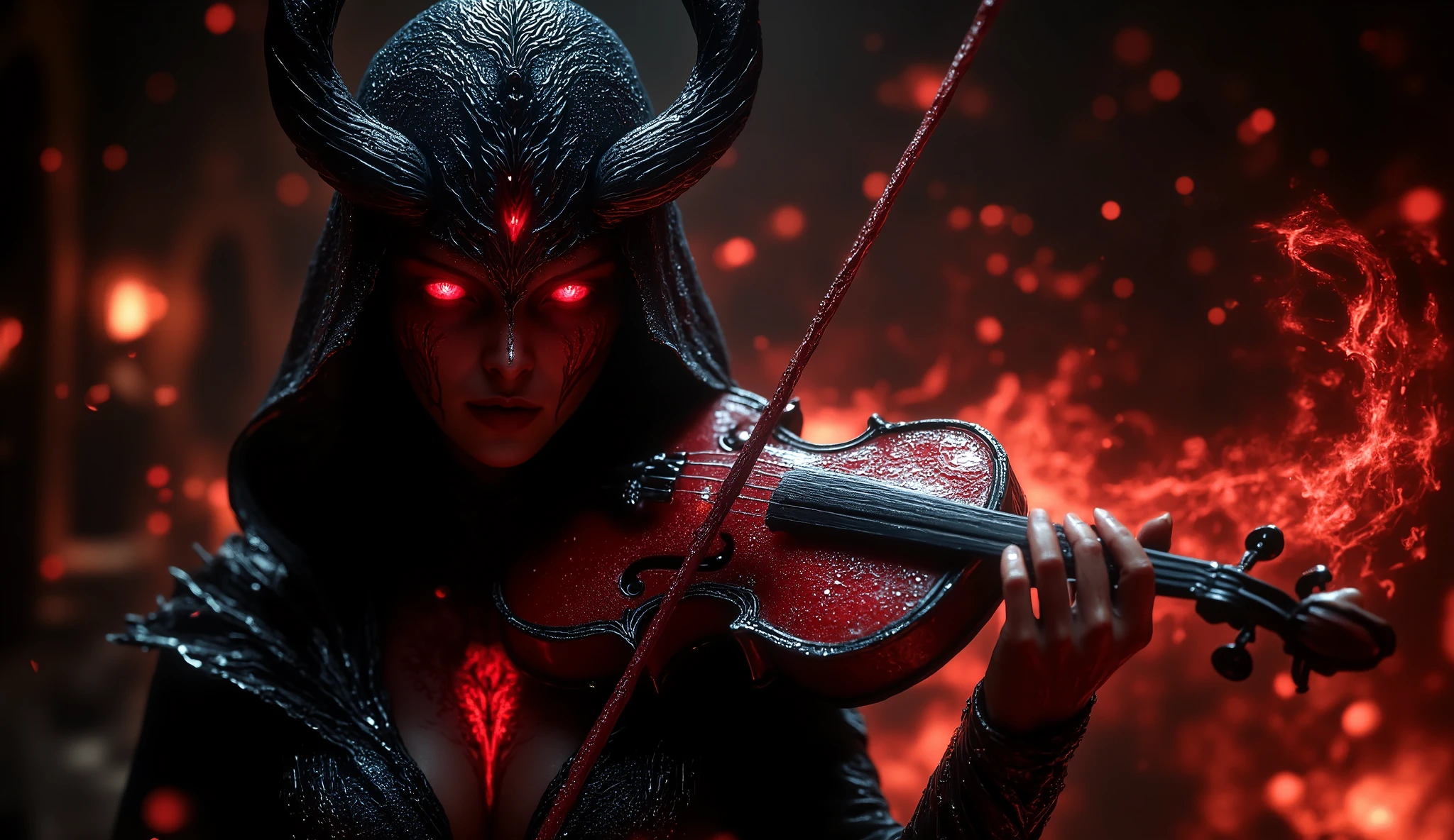 distant portrait A scary woman playing the violin (far corner) (Dark and sad atmosphere) (Black and dark red color combination) (clear face) (facing angle) (very detailed)