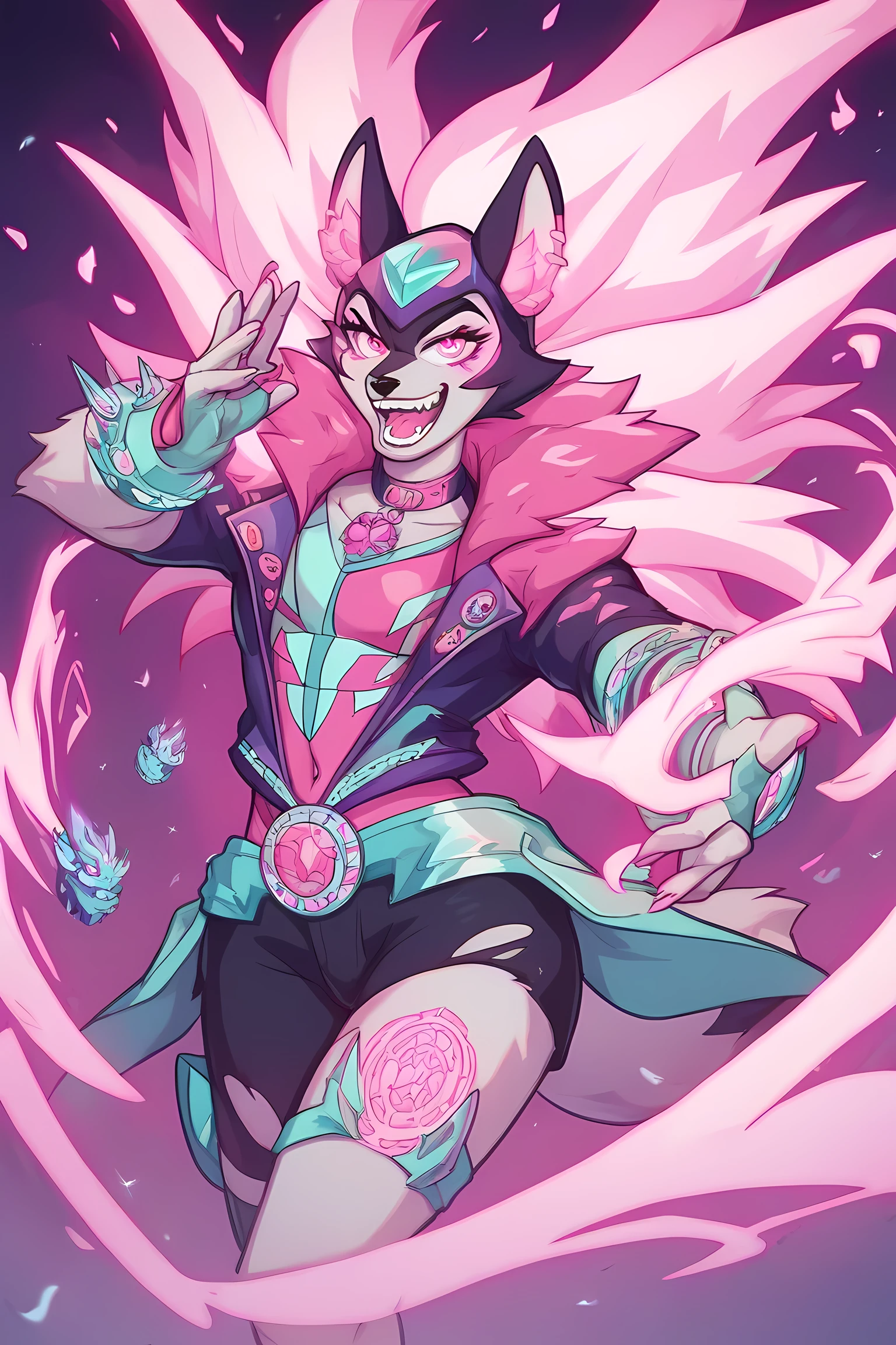 anime wolf with pink glowing neon fur, in grasslands, pink energy powers, professionally drawn, danny phantom cartoon