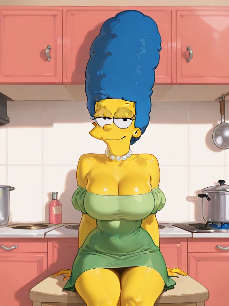 margesimpson, black eyes, yellow skin, afro, big blue hair, pearl necklace,naked, nipples, looking at viewer, serious, evil grin, leaning forward, on table, inside cozy kitchen, from_below, soft lighting, high quality, masterpiece,