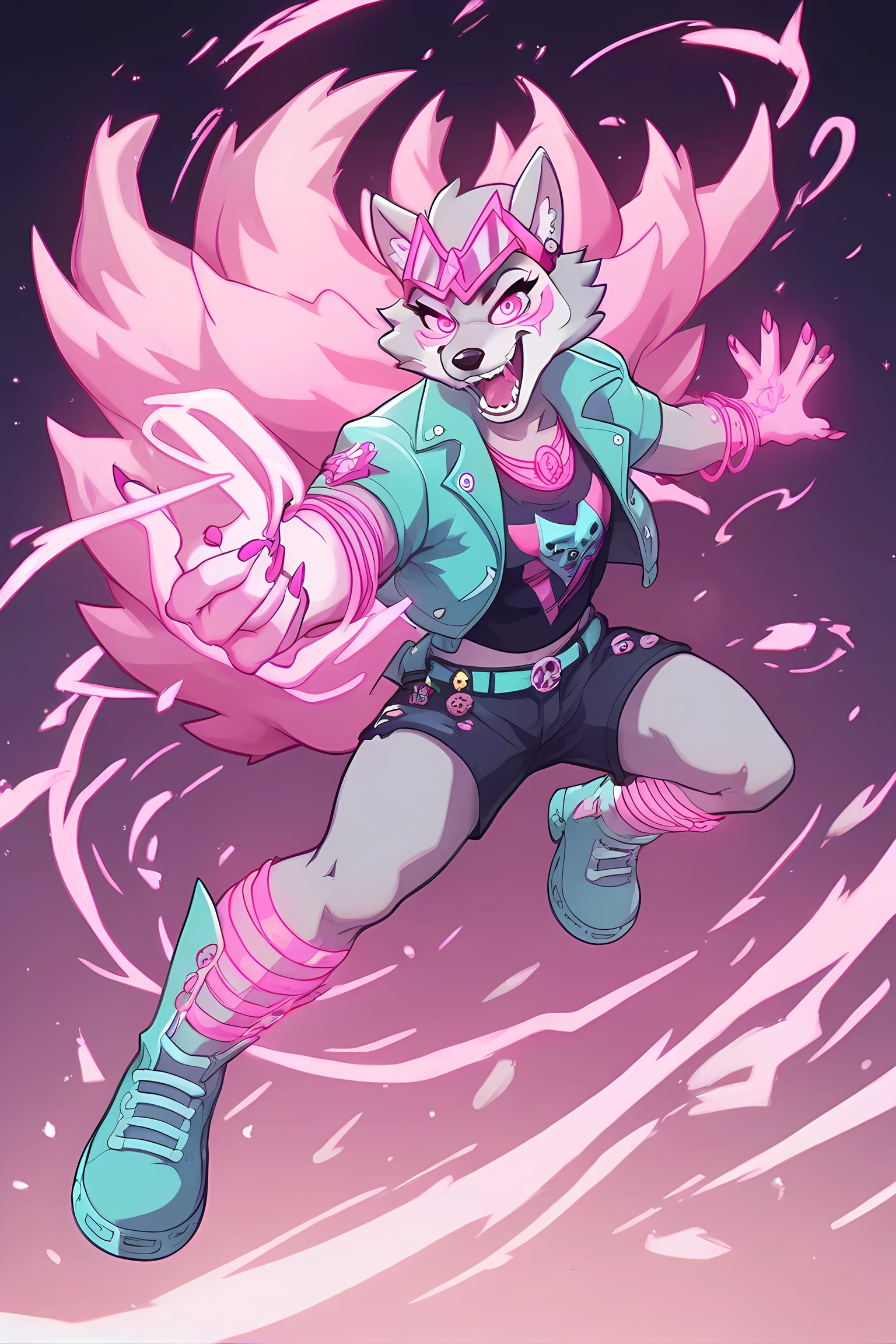 anime wolf with pink glowing neon fur, in grasslands, pink energy powers, professionally drawn, danny phantom cartoon