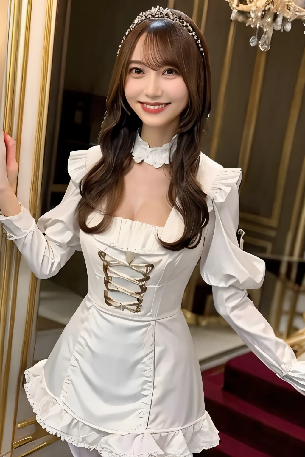  brown hair、 straight hair、With bangs、smile、Beautiful breasts、 slim body、 Maid Costume 、 standing inside a mansion