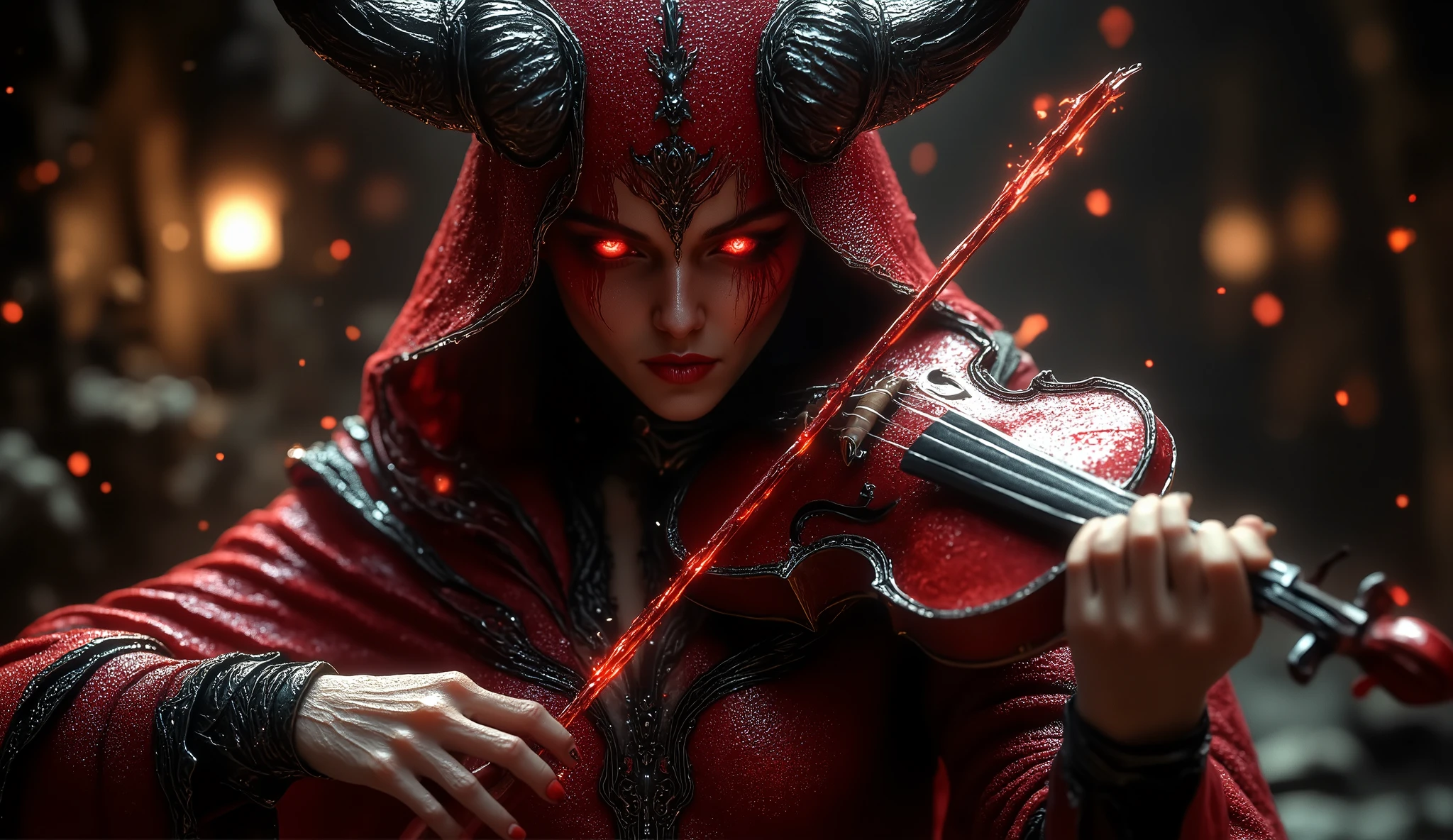 A scary woman playing the violin (far corner) (Dark and sad atmosphere) (Black and dark red color combination) (clear face) (facing angle) (very detailed)