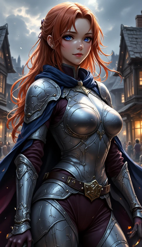 She is a knight, with large breasts, in black steel armor, red hair, blue eyes, in a ruined European city, --auto --s2