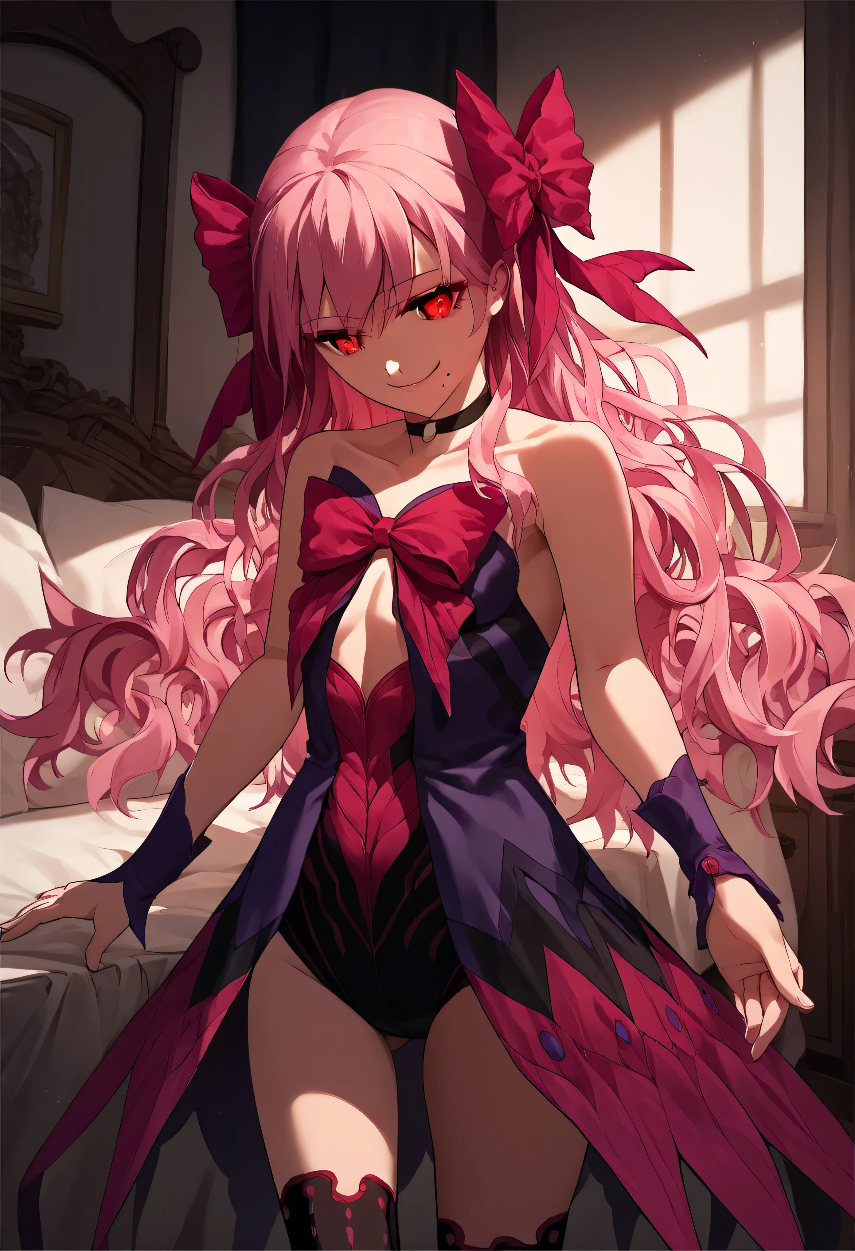 1girl, really long hair, pink hair, red eyes, mole under mouth, hair bow, choker, ribbon, leotard, center opening, bare shoulders, black thighhighs, wrist cuffs, laying, standing, cowboy shot, indoors, gothic, bedroom,  score_9, score_8_up, score_7_up, score_6_up, score_5_up, score_4_up, BREAK source_anime, masterpiece,,very evil smile,best quality,looking down at viewer