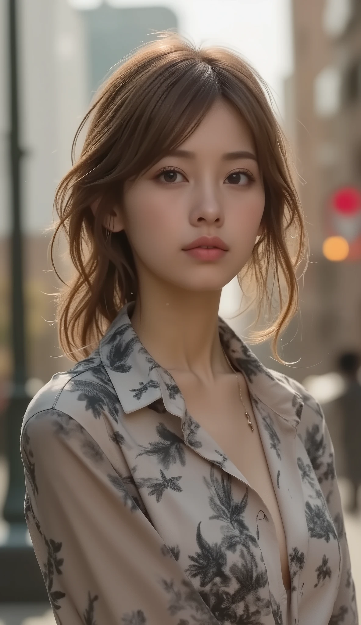 young woman standing in the city, blur background, beautiful, photorealistic