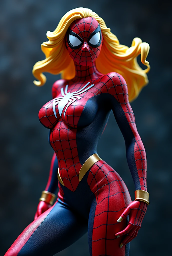 ((masterpiece, best quality, ultra-detailed, ultra-HD, photorealistic, cinematic)), (masterpiece:1.0), (best_quality:1.2), ((Full body photo)). Emily is a woman, is standing, (Spider-Man/Ultraman hybrid costume with blue jewelry on the breastplate/extremely tight on the body/extremely exhibitionist:1.2)), wearing (red lipstick on the mouth:1.0), full body view, facing the viewer, hand on hips, legs parted, confident stance, proud stance, smiling, (naive face), posing, (Defined full lips), blood red lipstick on the lips. She has (long blonde hair, slick:1.5) and (blue eyes:1.5), Mortal Kombat, anime, framed, symmetry, 16k, best quality, super detail, textured skin, UHD, (chubby:1.2), (huge breasts:1.4), (wide hips:1.3)