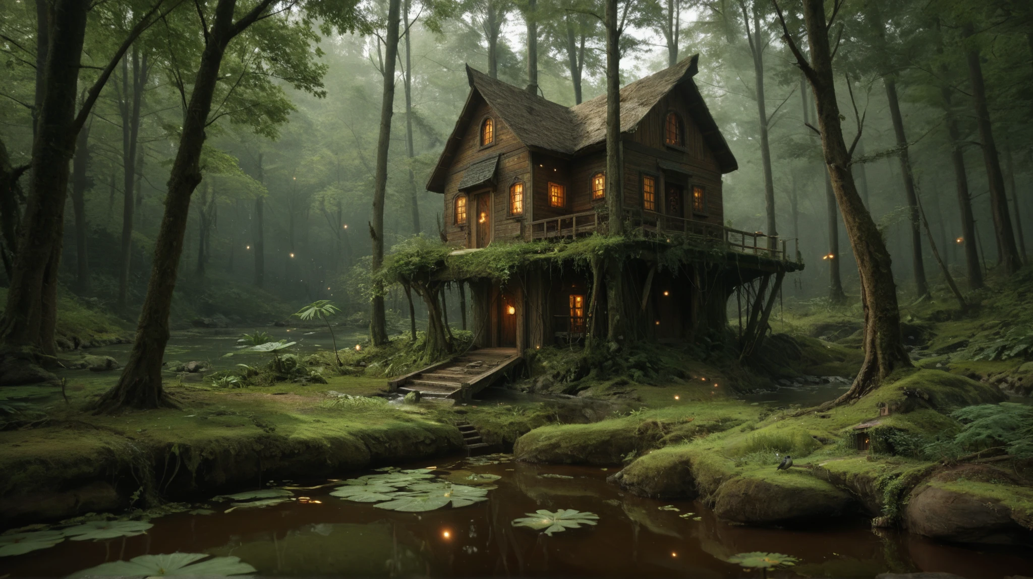 seen from inside a forest of forest enclosed in a swamp with a magical setting, fantasy stories and mystical witchcraft, with a wooden path over the swamp lake illuminated by mystical green torches and at the end of the path a wooden house illuminated by mystical colored torches Green and very macabre appearance, crows and owls sit on the branches of the trees surrounding the house , the swamp is predominantly green with silt and turbid, dense water with Victoria-régias and plants and fireflies hanging over the swamp lake , macabre and creepy trees , It's nighttime and very dark , fireflies stand out in the dark as do green torches, 8k