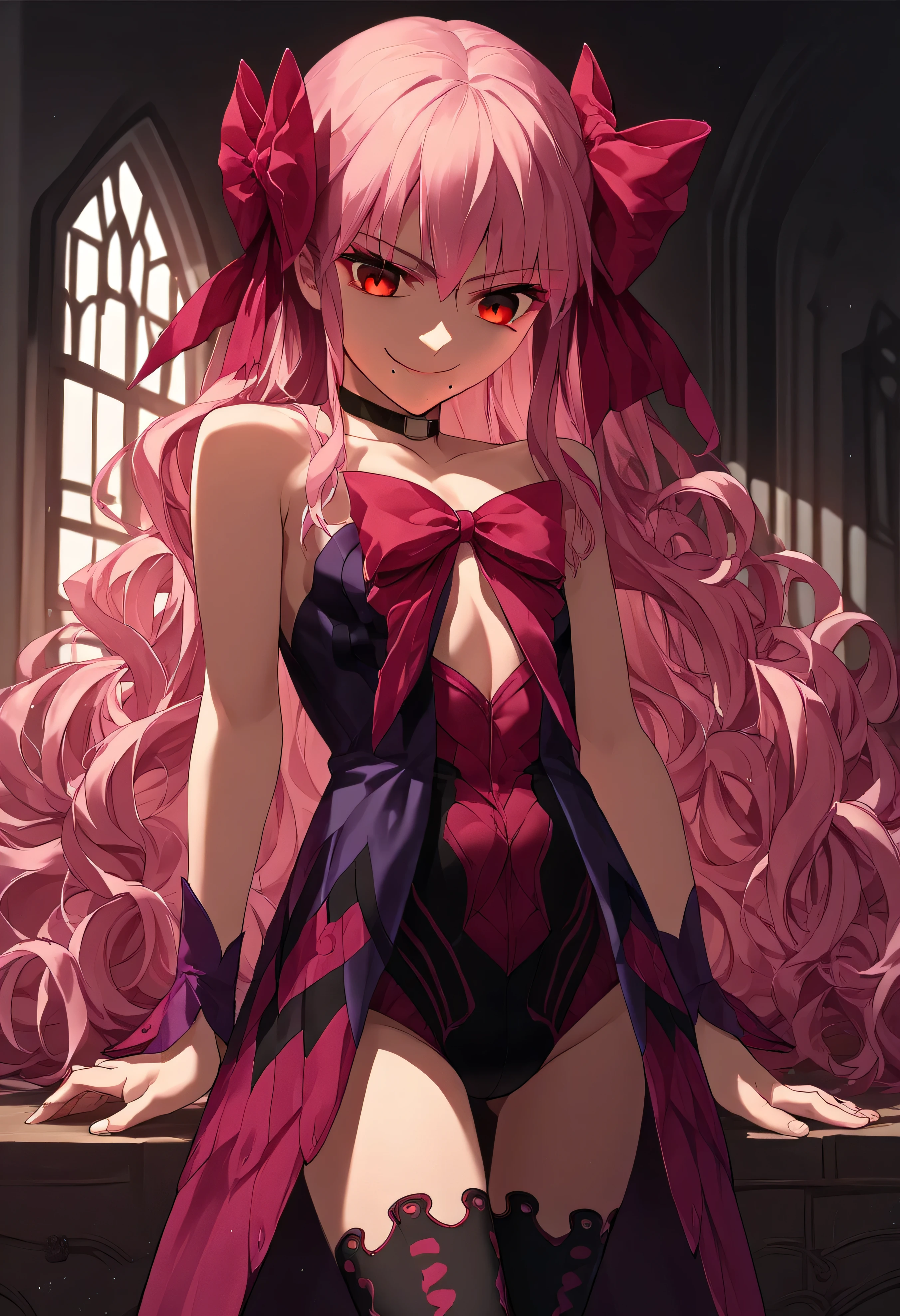1girl, really long hair, pink hair, red eyes, mole under mouth, hair bow, choker, ribbon, leotard, center opening, bare shoulders, black thighhighs, wrist cuffs, laying, standing, cowboy shot, indoors, gothic, bedroom, score_9, score_8_up, score_7_up, score_6_up, score_5_up, score_4_up, BREAK source_anime, masterpiece,,very evil smile,best quality,looking down at viewer