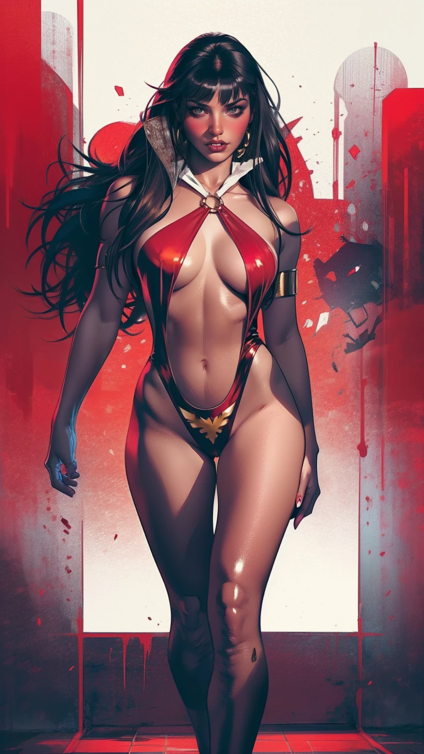 Vampirella sexually vestindo um maiô vermelho profundo, ((Full moon and bats background)) , oily shiny skin, Eyes red, hot and fit body, naughty, slutty, camel fingers , detailedeyes, provocative, sexually, naughty, big happy , realisitic, HDR, ultra HD, dynamic, from the front view, dark outside. moonlights, glowing Eyes red. Terror movie atmosphere