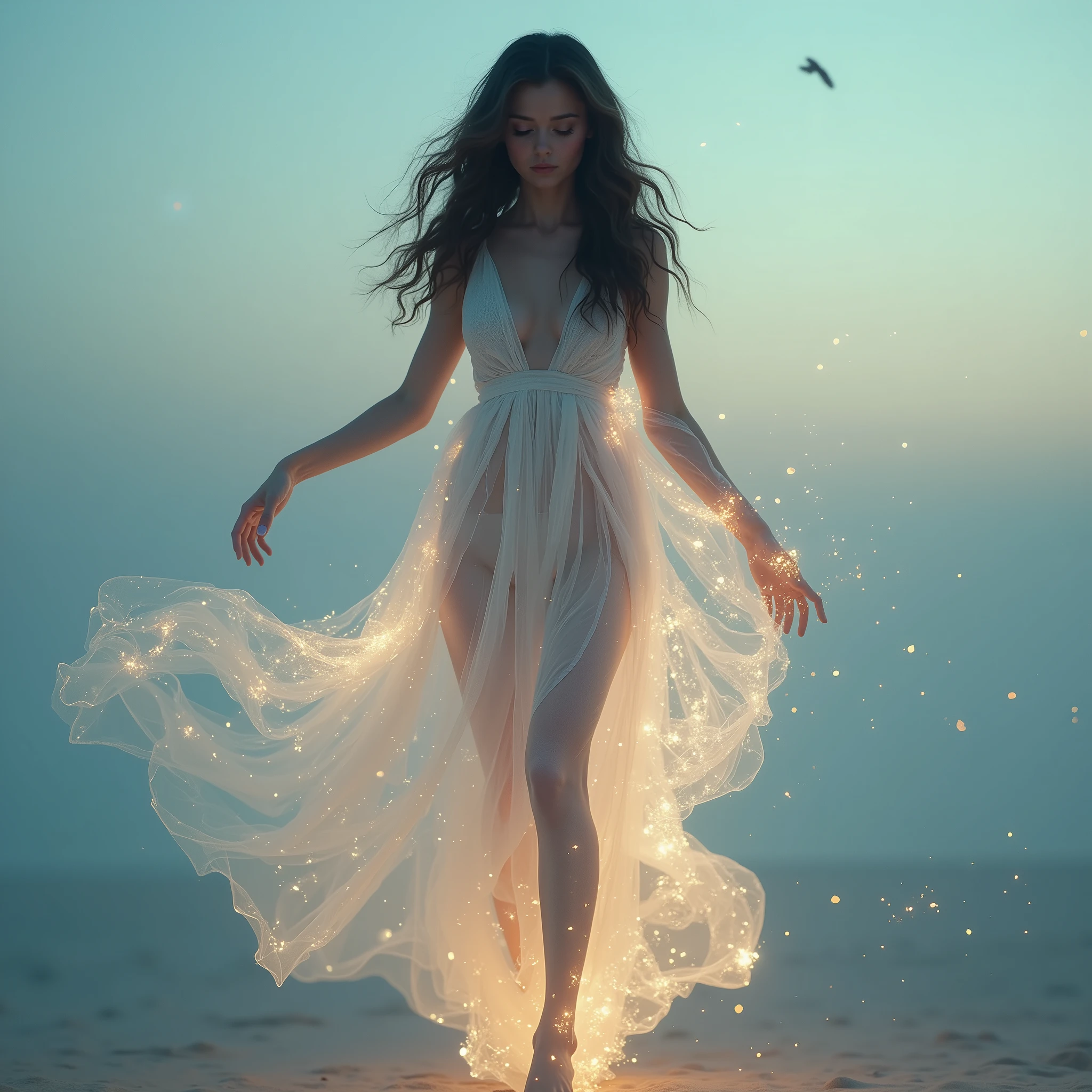 Mix between Selena Gomez and Jenna Ortega, masterpiece, ultra-realistic, 8K. Éliana Morel is captured as an ephemeral silhouette, her ethereal form shifting gracefully with the movements of an unseen breeze, blending surrealism and beauty in a dreamlike setting.
Scene details:
Éliana’s figure is barely solid, composed of soft, flowing tendrils of light and mist. Her outline shimmers with iridescent hues of silver, blue, and pale gold, constantly shifting as though dissolving into the air. Her wavy brown hair, appearing as delicate streams of vapor, flows endlessly with the breeze, merging with her surroundings. Her glowing hazel eyes remain the most defined part of her, anchoring her presence in this fleeting form.
Posture:
Éliana stands poised yet weightless, her body angled slightly as though caught mid-turn. One arm reaches outward, dissolving at the fingertips into streaks of light, while the other folds close to her chest. Her head tilts gently, her expression serene and introspective, creating a sense of connection and mystery.
Ambiance:
The setting is a tranquil, dreamlike expanse—a boundless field of soft light and shadow. The ground beneath her is faintly reflective, capturing blurred impressions of her fleeting silhouette. The air shimmers with subtle, magical energy as gentle gusts of wind shift her form, carrying pieces of her essence into the glowing horizon.
Magical elements:
Her figure glows softly, fading and reappearing with each whisper of the breeze. Trails of light and mist follow her movements, leaving shimmering paths that vanish into the air. Tiny particles of light drift from her form, adding to her otherworldly allure.
Parameters:
Ultra-realistic photography, 8K resolution, HDR rendering. Éliana’s wavy brown hair, glowing hazel eyes, and vanishing silhouette create a surreal vision of ephemeral beauty, blending elegance with photorealistic detail.