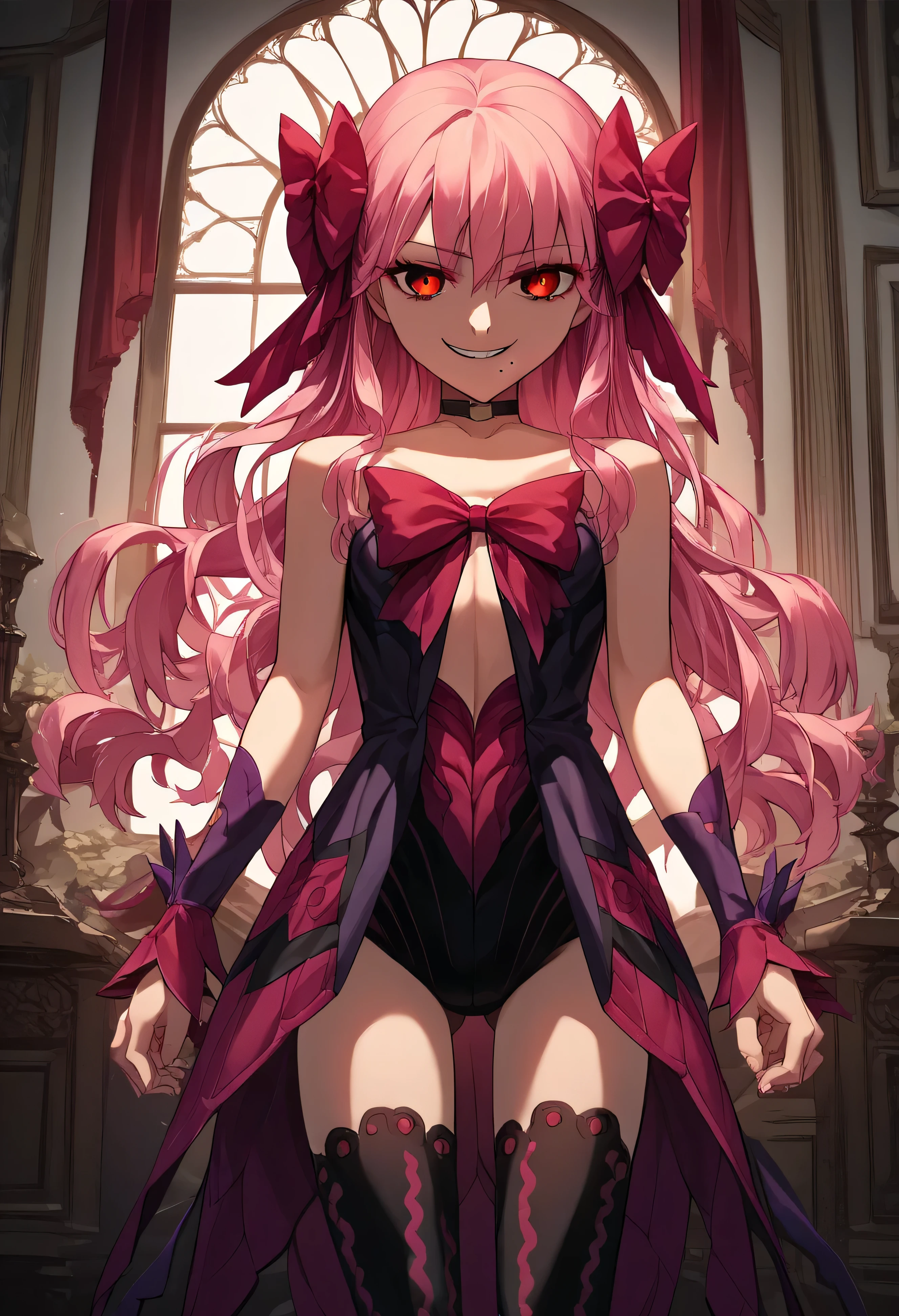 1girl, really long hair, pink hair, red eyes, mole under mouth, hair bow, choker, ribbon, leotard, center opening, bare shoulders, black thighhighs, wrist cuffs, laying, standing, cowboy shot, indoors, gothic, bedroom,  score_9, score_8_up, score_7_up, score_6_up, score_5_up, score_4_up, BREAK source_anime, masterpiece,,very evil smile,best quality,looking down at viewer