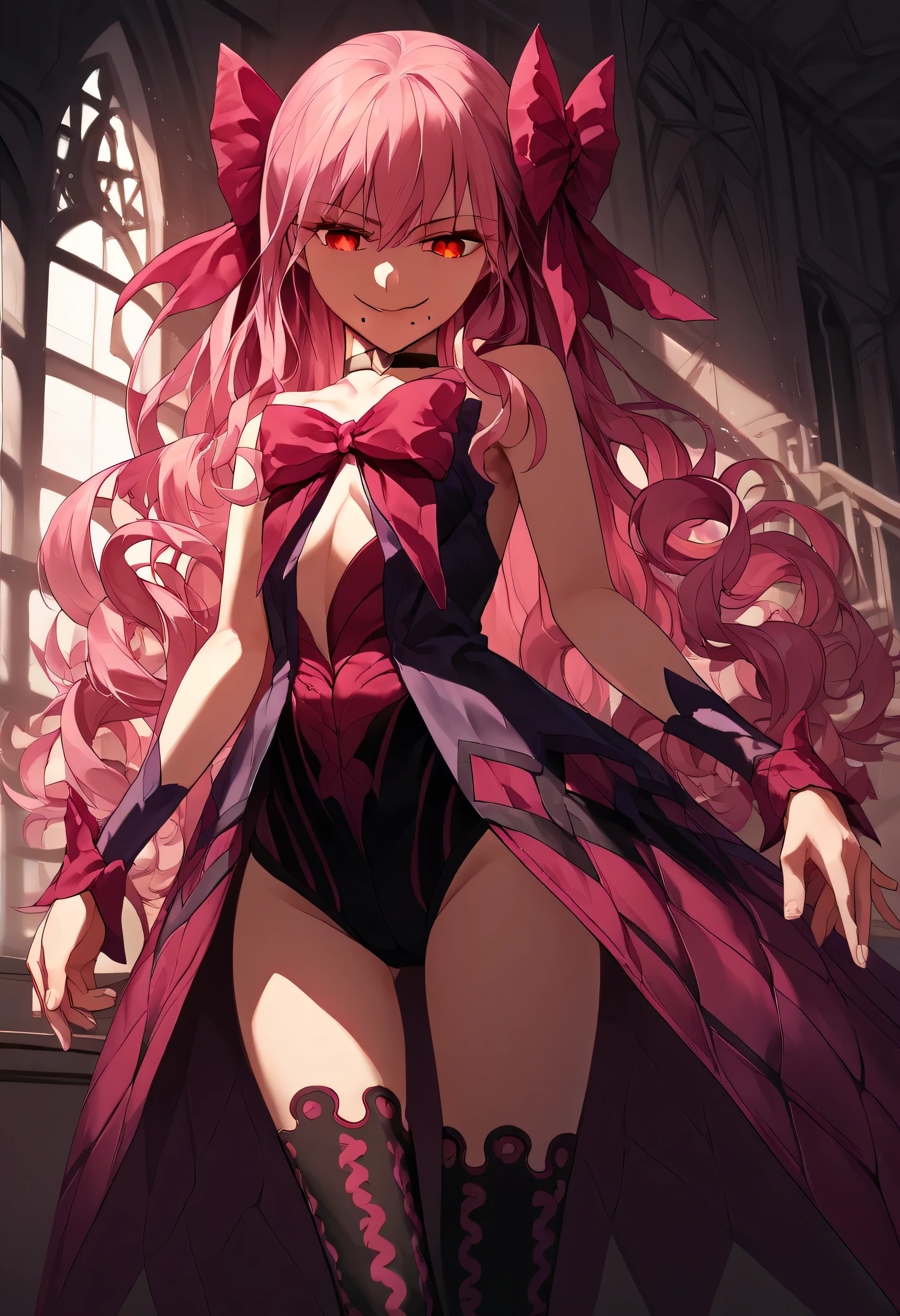 1girl, really long hair, pink hair, red eyes, mole under mouth, hair bow, choker, ribbon, leotard, center opening, bare shoulders, black thighhighs, wrist cuffs, laying, standing, cowboy shot, indoors, gothic, bedroom,  score_9, score_8_up, score_7_up, score_6_up, score_5_up, score_4_up, BREAK source_anime, masterpiece,,very evil smile,best quality,looking down at viewer