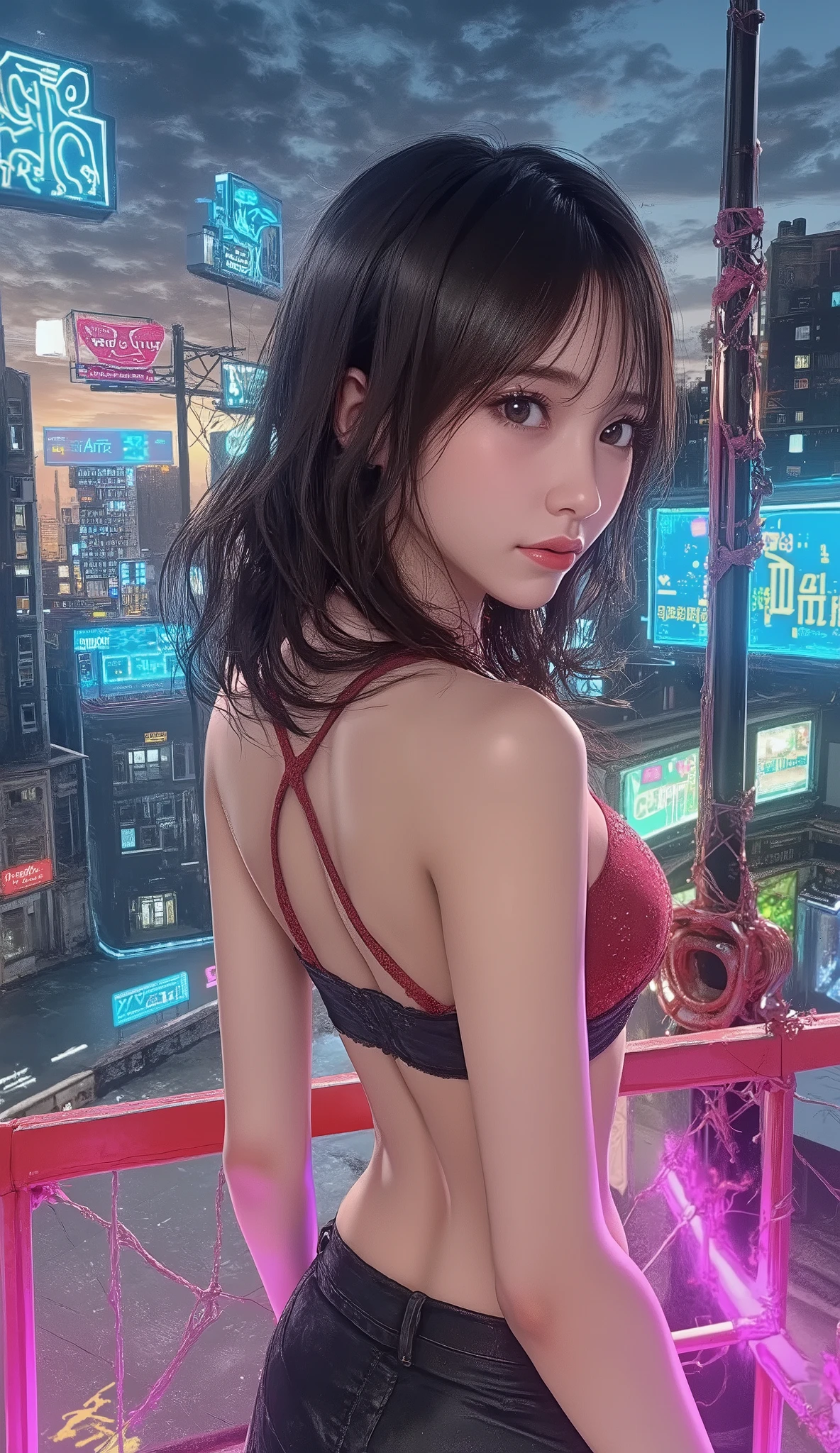 (best quality, 8k, highres, photorealistic:2.0), (solo, one girl:2.0),(lighting:front),(lighting: strong),(very muscular girl:2.0),(bodybuilder girl:1.5),(shiny skin:1.5),(oily skin:1.5),(Squat down with both knees up and spread your legs apart:1.5),(raise both arms behind your head:1.5),(high heels:1.5),(lewd girl),(cyberpunk location:1.9),(amazing orgasm:2.0),(((tiny red micro bikini uniform))),