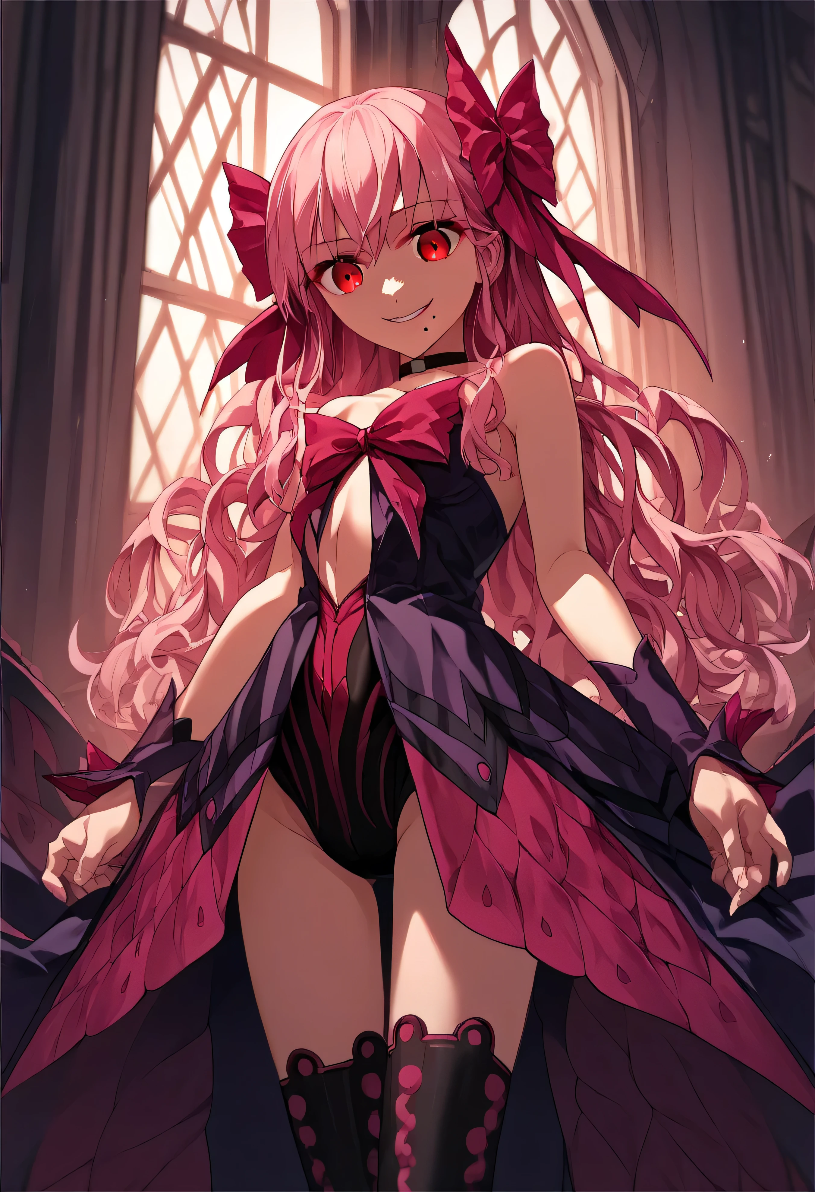 1girl, really long hair, pink hair, red eyes, mole under mouth, hair bow, choker, ribbon, leotard, center opening, bare shoulders, black thighhighs, wrist cuffs, laying, standing, cowboy shot, indoors, gothic, bedroom,  score_9, score_8_up, score_7_up, score_6_up, score_5_up, score_4_up, BREAK source_anime, masterpiece,,very evil smile,best quality,looking down at viewer