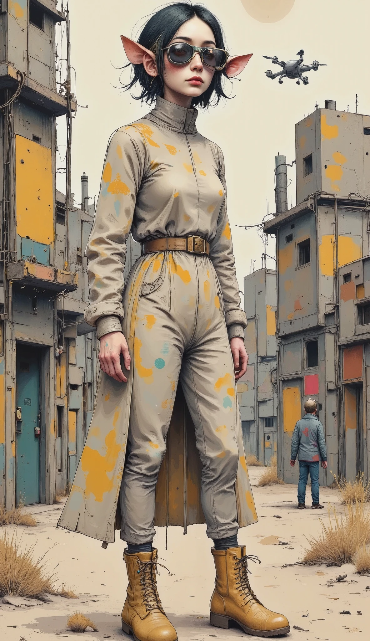 Anatomically correct , general full body plan , There, A lethal cyborg bounty hunter wearing a long cowboy coat, Blue eyes,danger, science fiction , the best quality , masterpiece , full body image , ( ultra Detailed , ultra high resolution , detailed background ),((2d)),(( flat color )),((dull color)), 1SOLO, looking at the viewer , action pose, baggy flight suit, with a large sheep's neck , ( large yellow galoshes ), Plush necklace, full body image , with virtual reality glasses , (( Bomber jacket from the intricate desert background of the Baron )), ((apocalyptic city)), full body in the frame , ((Drone by Your Side ))