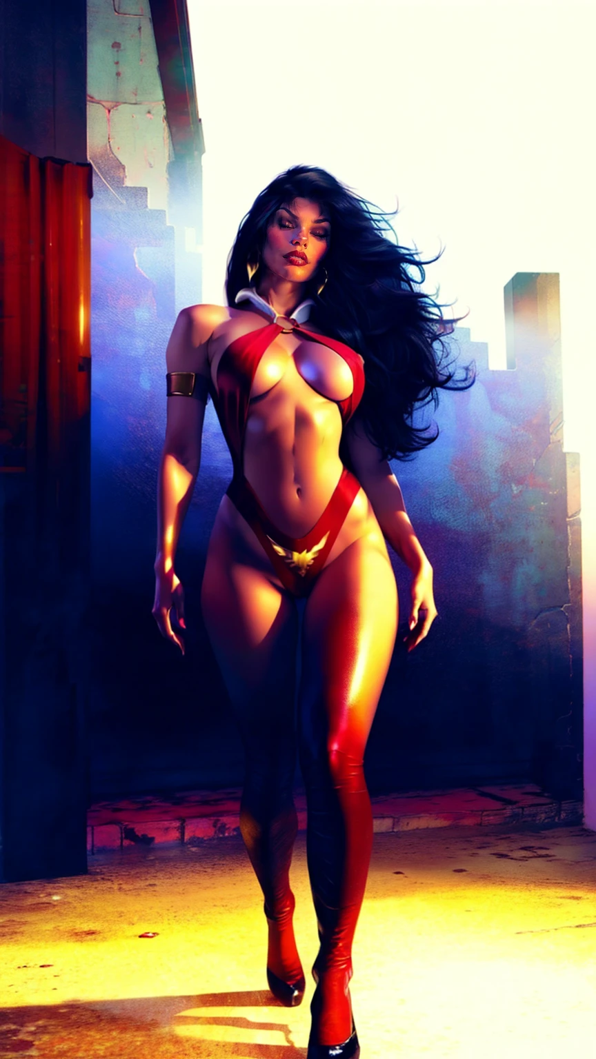 sexy vampirella wearing a deep V red swimsuit, ((Full moon and bats background)) , oily shiny skin, red eyes, hot and fit body, naughty, slutty, camel toes , detailed eyes, flirty, sexy, naughty, large perky , realistic, HDR, UHD, dynamic, front view, dark outside. moonlight, glowing red eyes