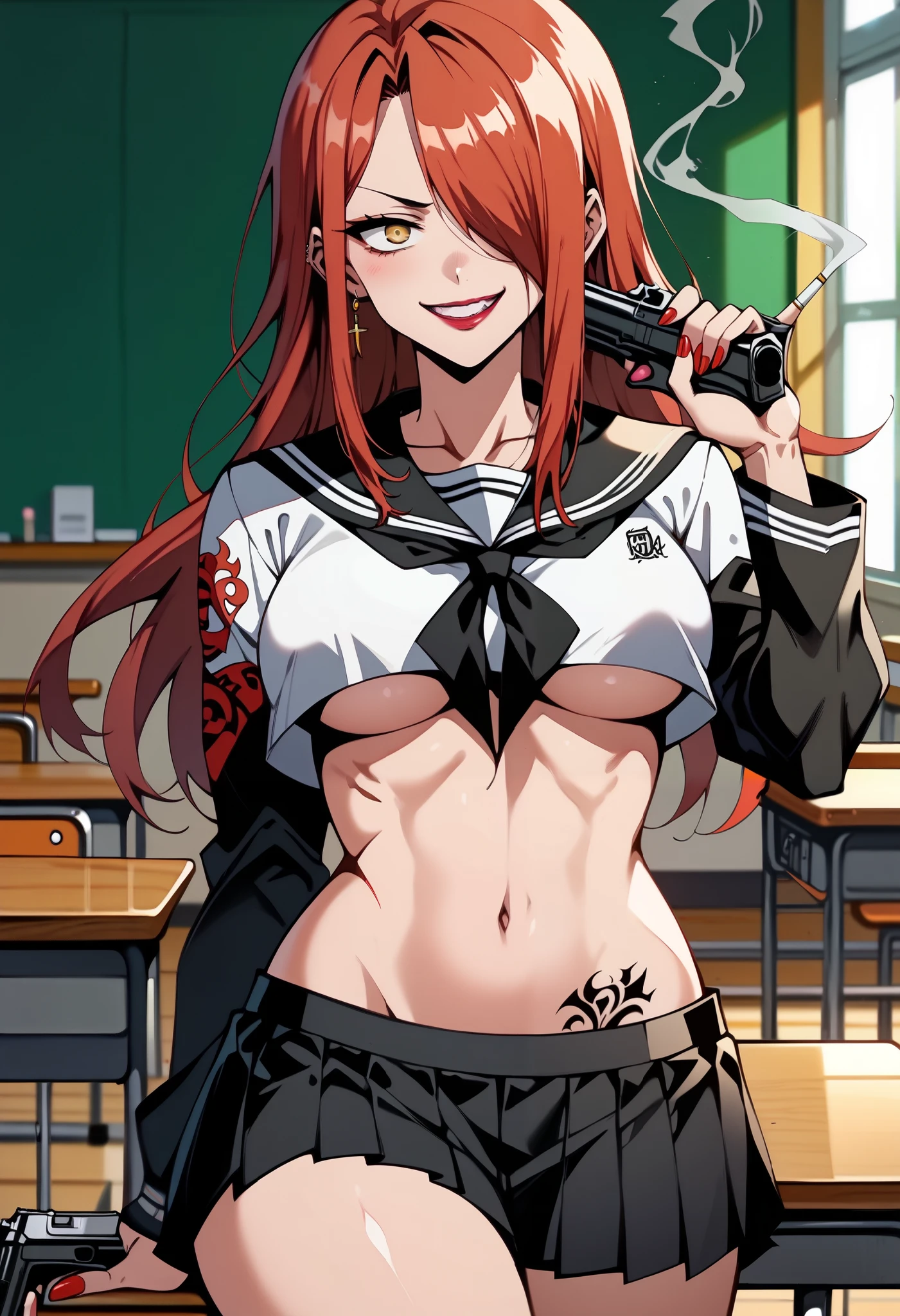 NikoHirata, hair over one eye, long hair, red hair, yellow eyes, medium breasts, lipstick, parted lips, solo, blush, lipstick, Hot girl, baddie, bad attitude, mean girl, crazy, smoking, sensual, attractive,masterpiece, best quality, highly detailed, a anime girls in sailor uniforms with a gun posing for a picture,
evil smile, smile, open mouth,black_serafuku, ecchi anime style, anime girls , (nsfw) not safe for work,
ecchi style, ecchi, shipgirls, digital anime art!!, high school girls, holding a gun, hold a gun, anime style 4
k, micro skirt, exposed belly, exposed navel, exposed midriff, holding pistol,underboob,
exposed lower belly,school, classroom, dragon tattoo, narrowed eyes, tattoo midriff,,
