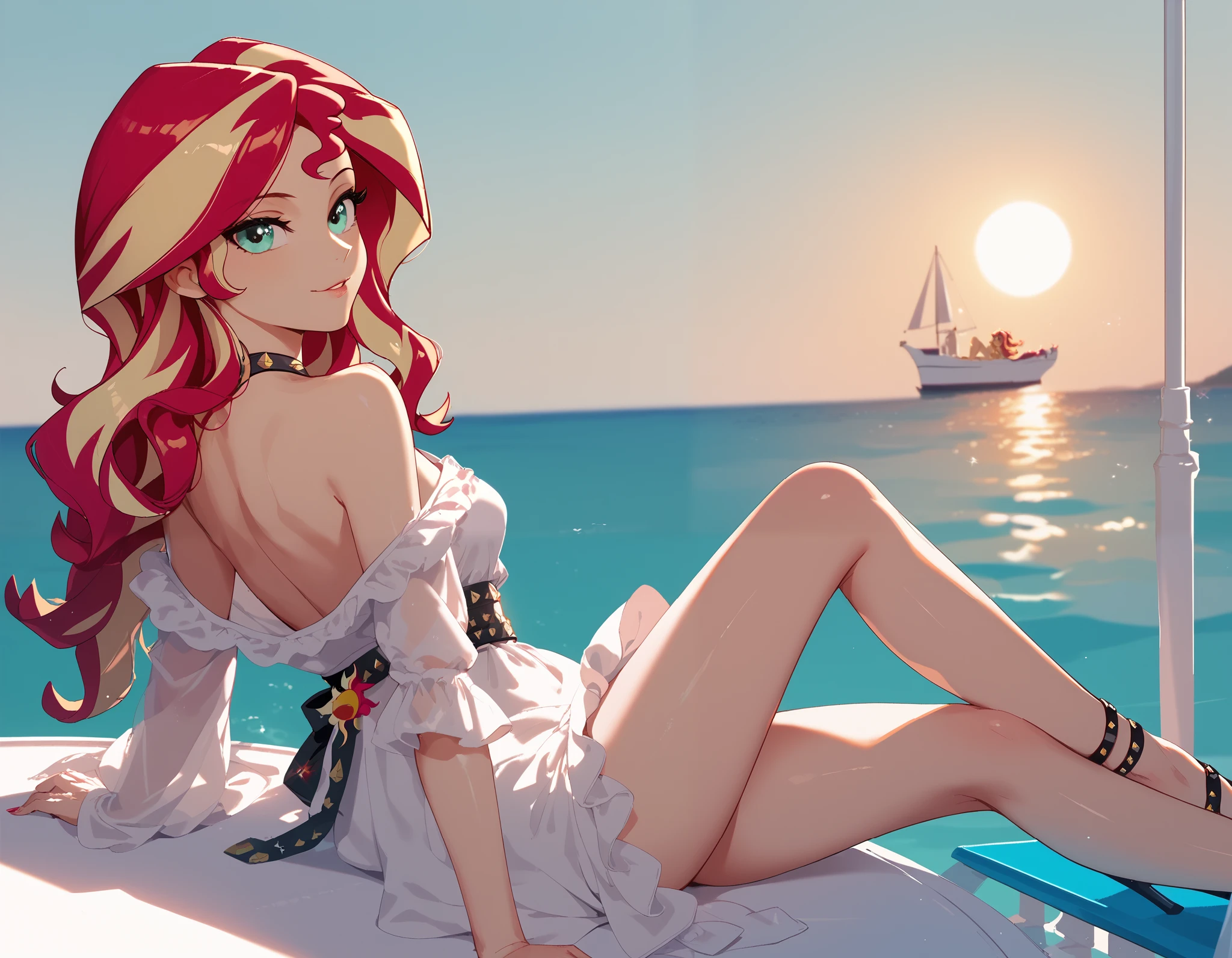 Sunset Shimmer, red and yellow hair, wavy hair, on a yacht, sexy pose, photoshoot, very detailed, wearing a white shear robe 