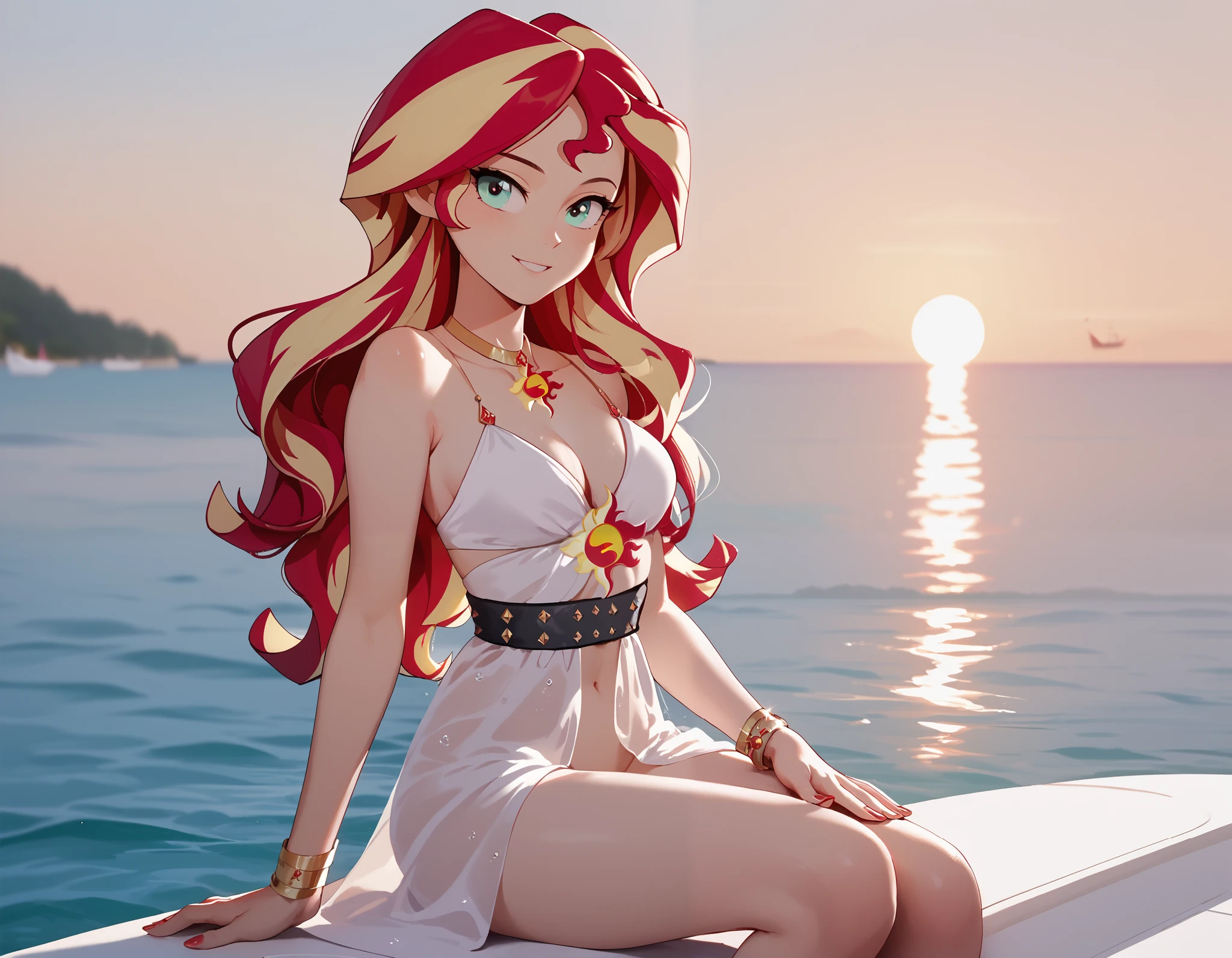Sunset Shimmer, red and yellow hair, wavy hair, on a yacht, sexy pose, photoshoot, very detailed, wearing a white shear robe 