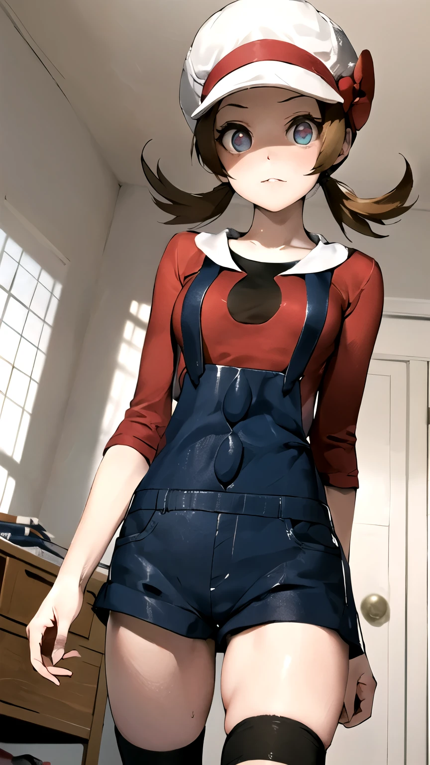 ((masterpiece,best quality)), {DATE_artstyle_LoRA : Manga_Style} {horror_edit : creepy_room_aura} {partially_monochrome} { (ly01, low_twintail , eyelashes, perfectly_small_shape_breast : perfectly_slender_body : petite : } { overalls, white thighhighs, red bow, red shirt, white headwear, hat bow }} { } {standing_still} { no_emotion : hypnotic_eyes : hypnotized_eyes } { sweating } { } : dark : creepy otaku room : messy }