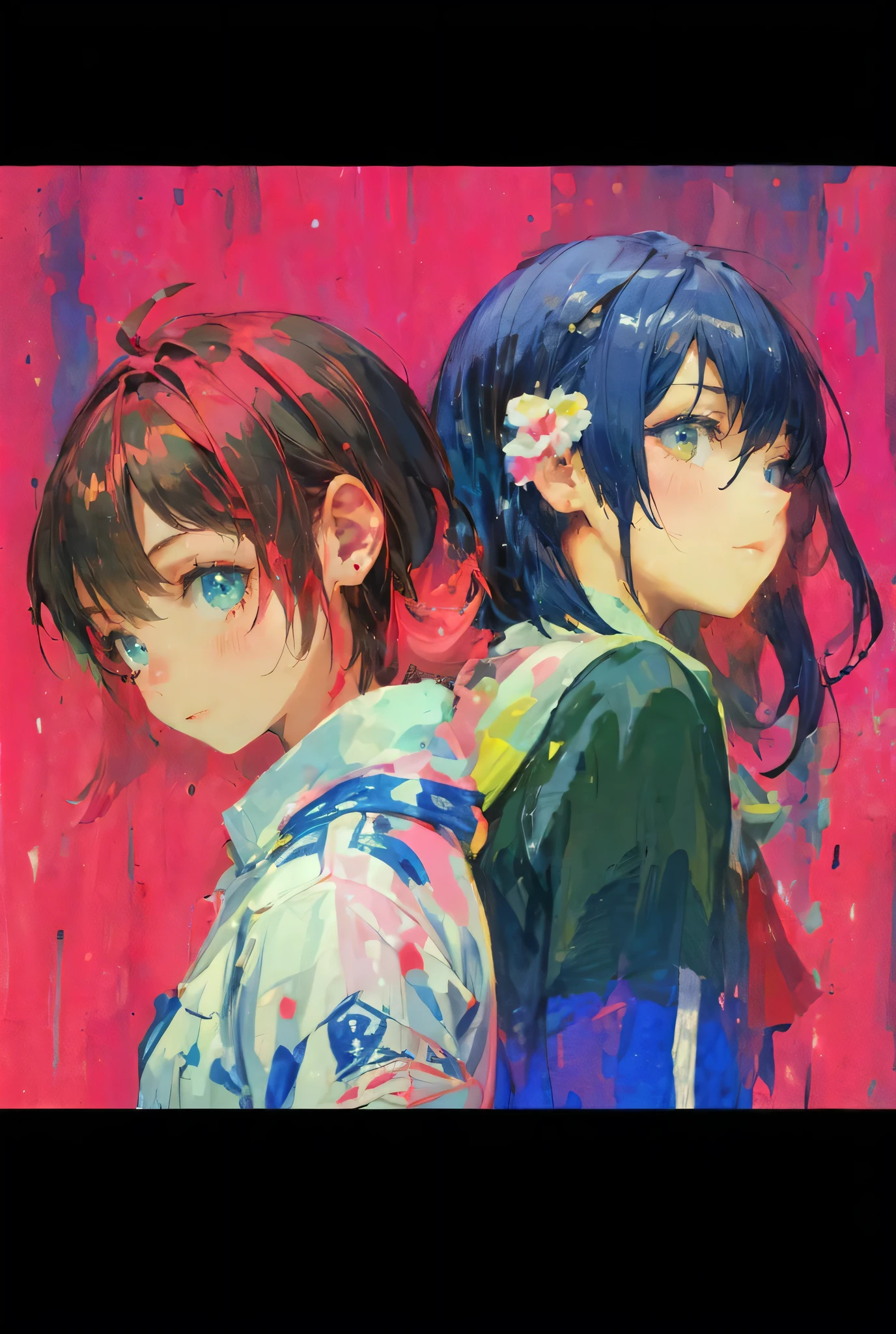 high quality,ultladetail,masterpiece,
BREAK
2girls,
(((pink short hair,blue eyes))),
(((navy long hair,green eyes))),
starry background,