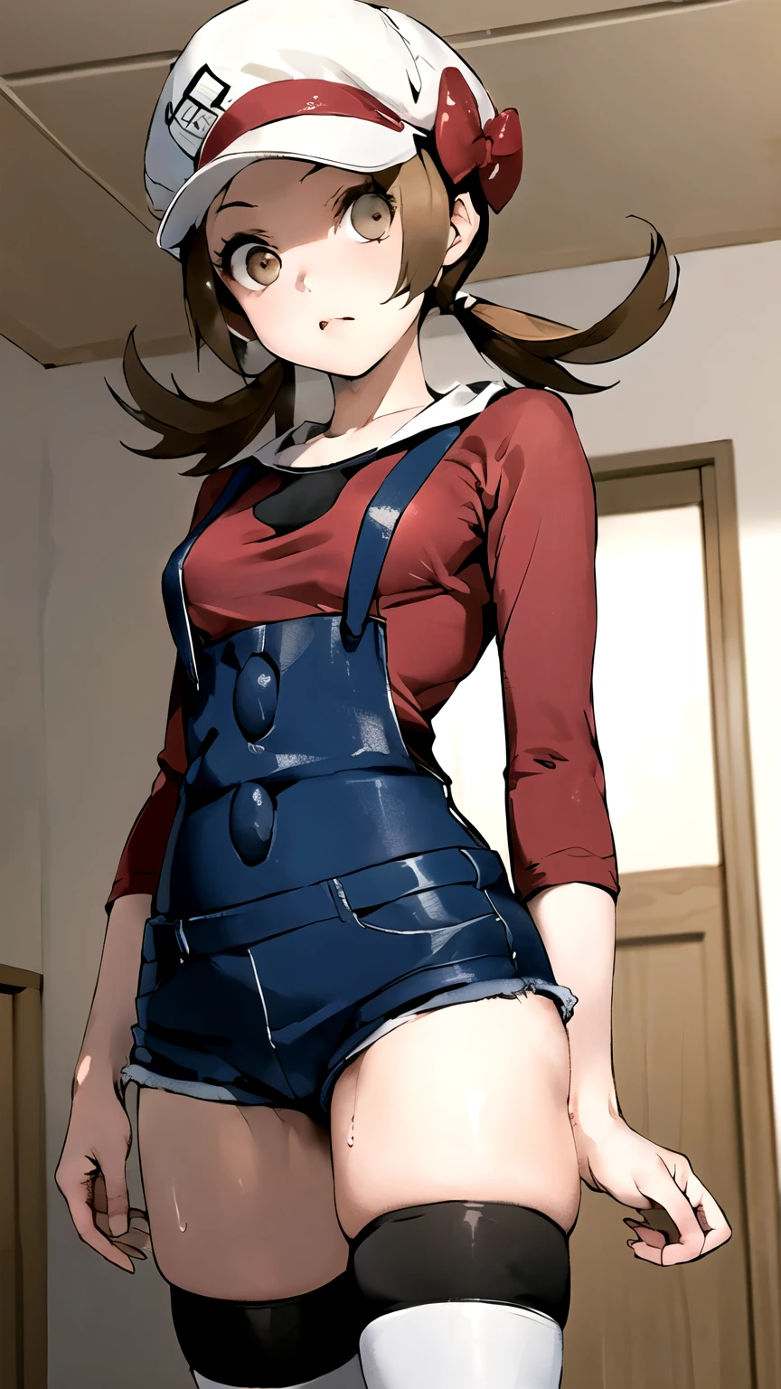 ((masterpiece,best quality)), {DATE_artstyle_LoRA : Manga_Style} {horror_edit : creepy_room_aura} {partially_monochrome} { (ly01, low_twintail , brown_eyes, eyelashes, perfectly_small_shape_breast : perfectly_slender_body : petite : } { overalls, white thighhighs, red bow, red shirt, white headwear, hat bow }}  {   } {standing_still} { no_emotion : hypnotic_eyes : hypnotized_eyes } { sweating  } { } : dark : creepy otaku room : messy  }