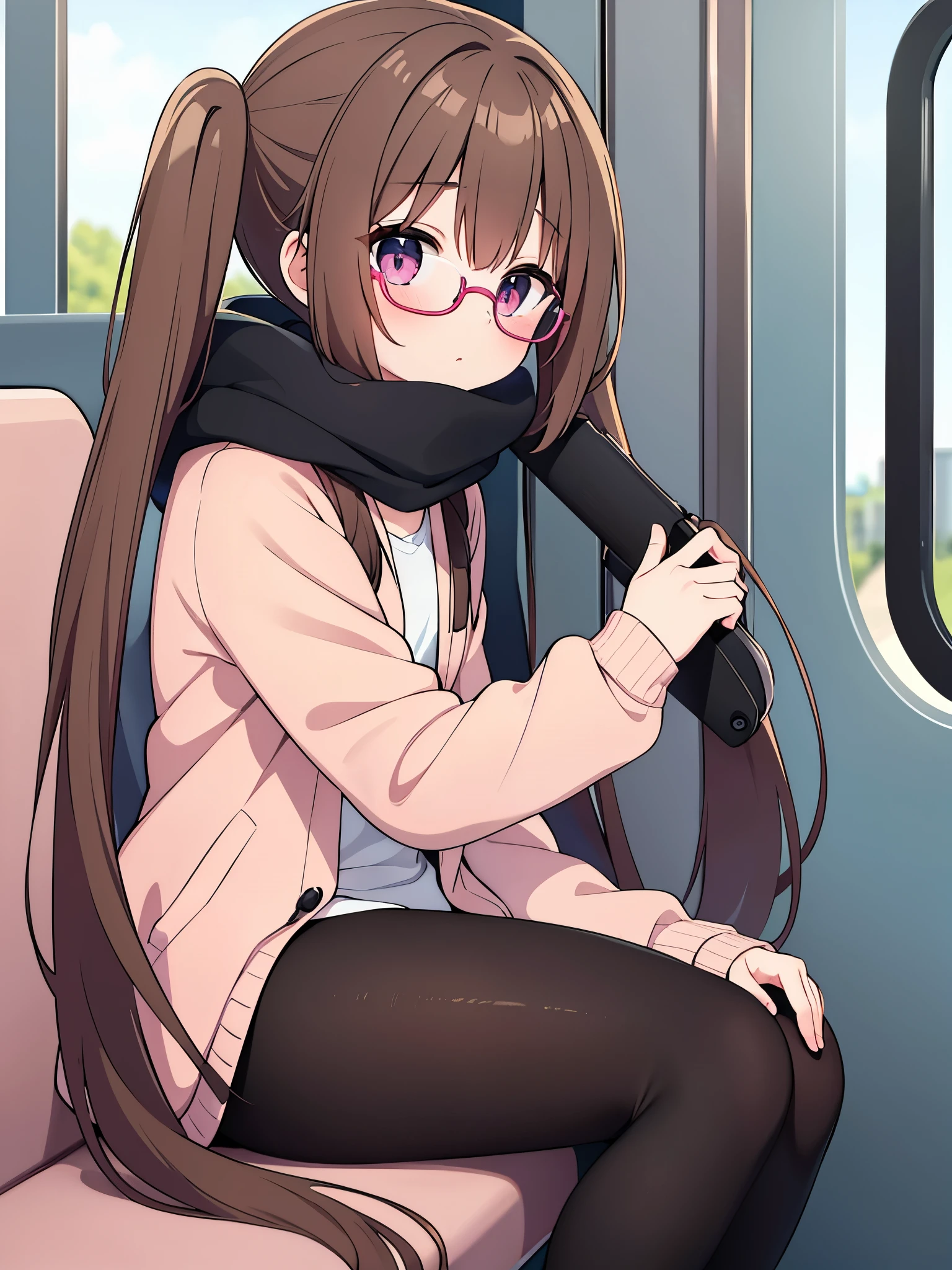 1girl, twin-tail brown hair, round glasses, wearing beige jacket, pink shirt, black spendex leggings, sitting on the train next to the window, cute, absurdres, high res, ultrasharp, 8K, masterpiece, looking at the camera from the side, sitting next to girl shot.