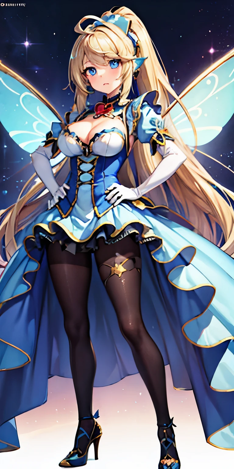 <lora:Trickstar_Holly_Angel_v1:1>Trickstar Holly Angel, 1girl, long hair, blue eyes, blonde hair, gloves, ponytail, pantyhose, wings, elbow gloves, long dress, fairy wings, high heels, <lora:flatBG:-0.5> ,<lora:flat2:-0.5> ,<lora:hyperrefiner_v090:0.5> ,(dark light:1.2),(hyper extreme detailed),(masterpeace:0.5),(hyper extreme),(photorealistic),game cg,llustration,novel illustration,beautiful lighting,light from the front,good_hands,beautiful art ,BREAK