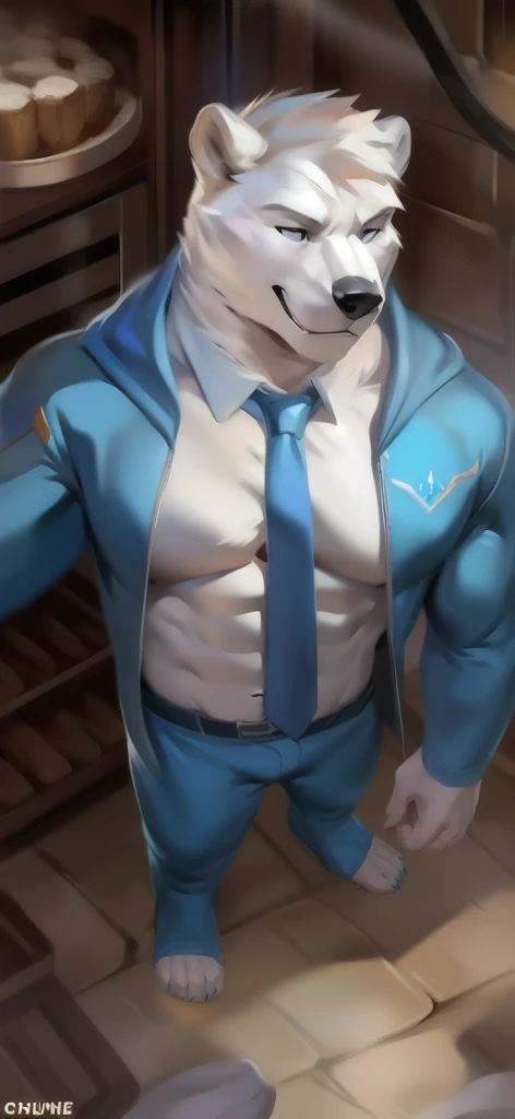 furry,solo,white bear,Blue eyes,Handsome face,slight smile,Muscular,Wearing an American police uniform,Sitting on a long chair under a tree.,coffee cup in hand,early morning,Looking straight at the viewer,Maximum image resolution,Dynamic lighting,4K