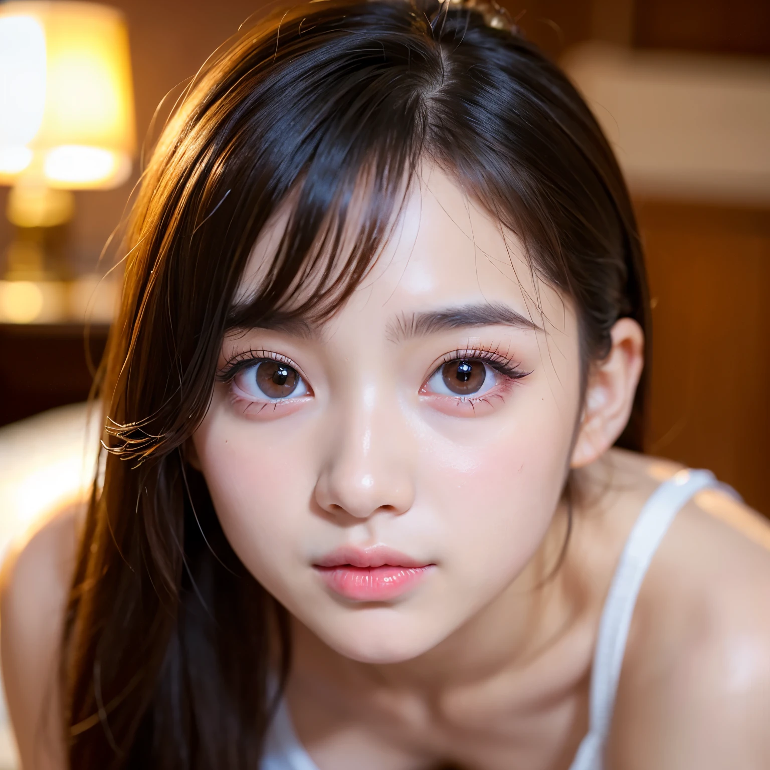 ((8k, 32K, Highest quality,(masterpiece:1.4), Perfect body, Ultra detailed face, Detailed eyes, See through, Beautiful and fair, Glowing Skin, On the chest, nice, bright, Refreshing and gentle look, A perfectly beautiful face, Perfect beautiful face, Baby Face:1.6, Cute Face:1.1, Pretty Face:1.6, adorable face, Pornographic images, Tabletop, Anatomically correct)),a Japanese women, dwarf, height 1.45meters, glamorous 40kg, (full body:1.4),(( pov:1.3)), long wavy hair, light brown hair, bangs, black eyes, pale skin, thick lips, nose blush, Ahegao, Orgasm Facial, Sexual climax, Round face:1.4, Thin eyebrows:1.5, Droopy eyes:1.4, white micro bikini side tie bottom, large breasts, flip flops, nsfw 