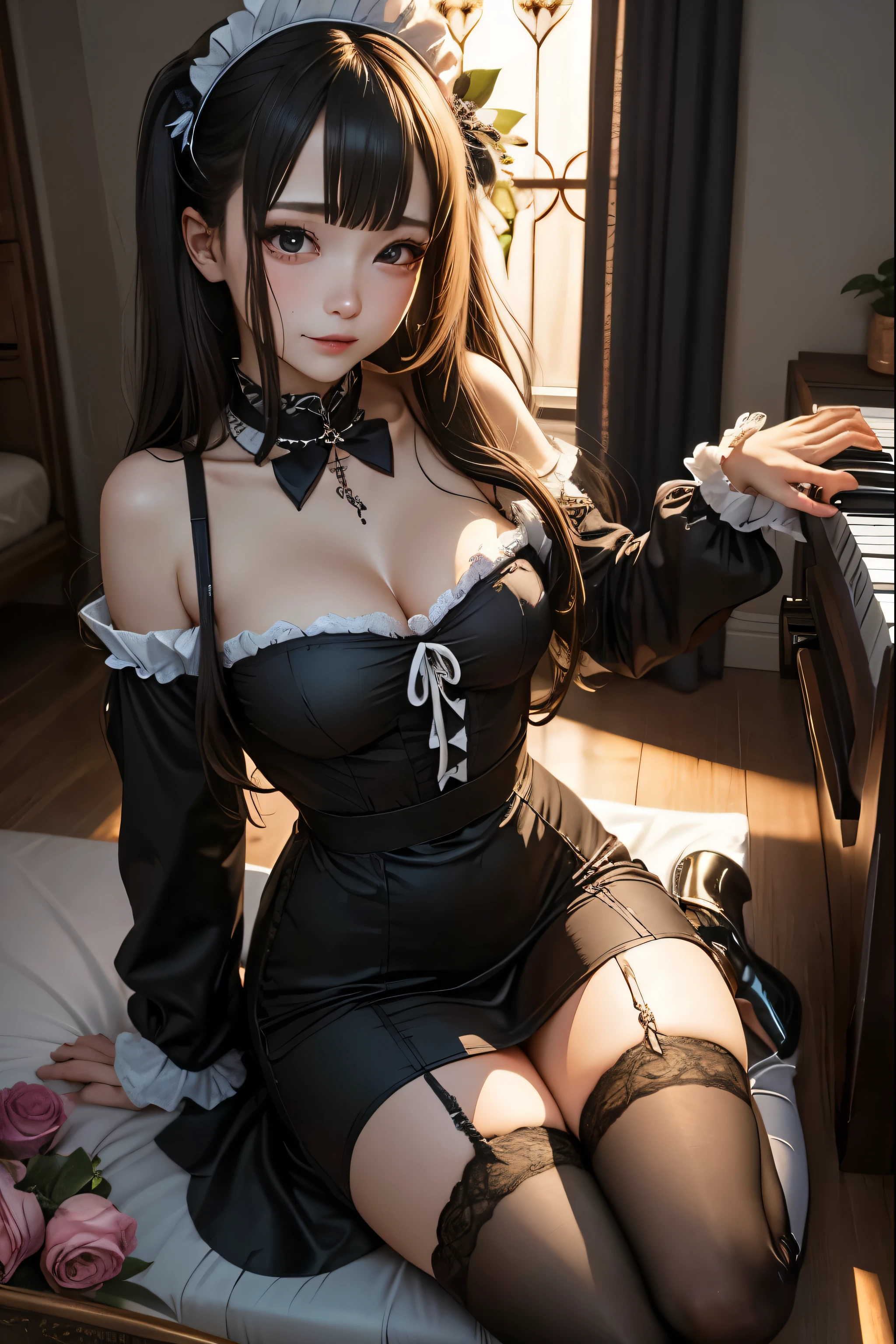 Young Asian maid woman, 23 years old. Busty. Double D cup, Black eyes wearing black leather maid dress, Black leather Stockings. Standing in her bedroom, full body pose, dressed in a beautiful red corset, Smile, High Detail, HD, Best quality, high quality, black stockings, Foot Focus, Naughty Face, looking at the audience, from below,