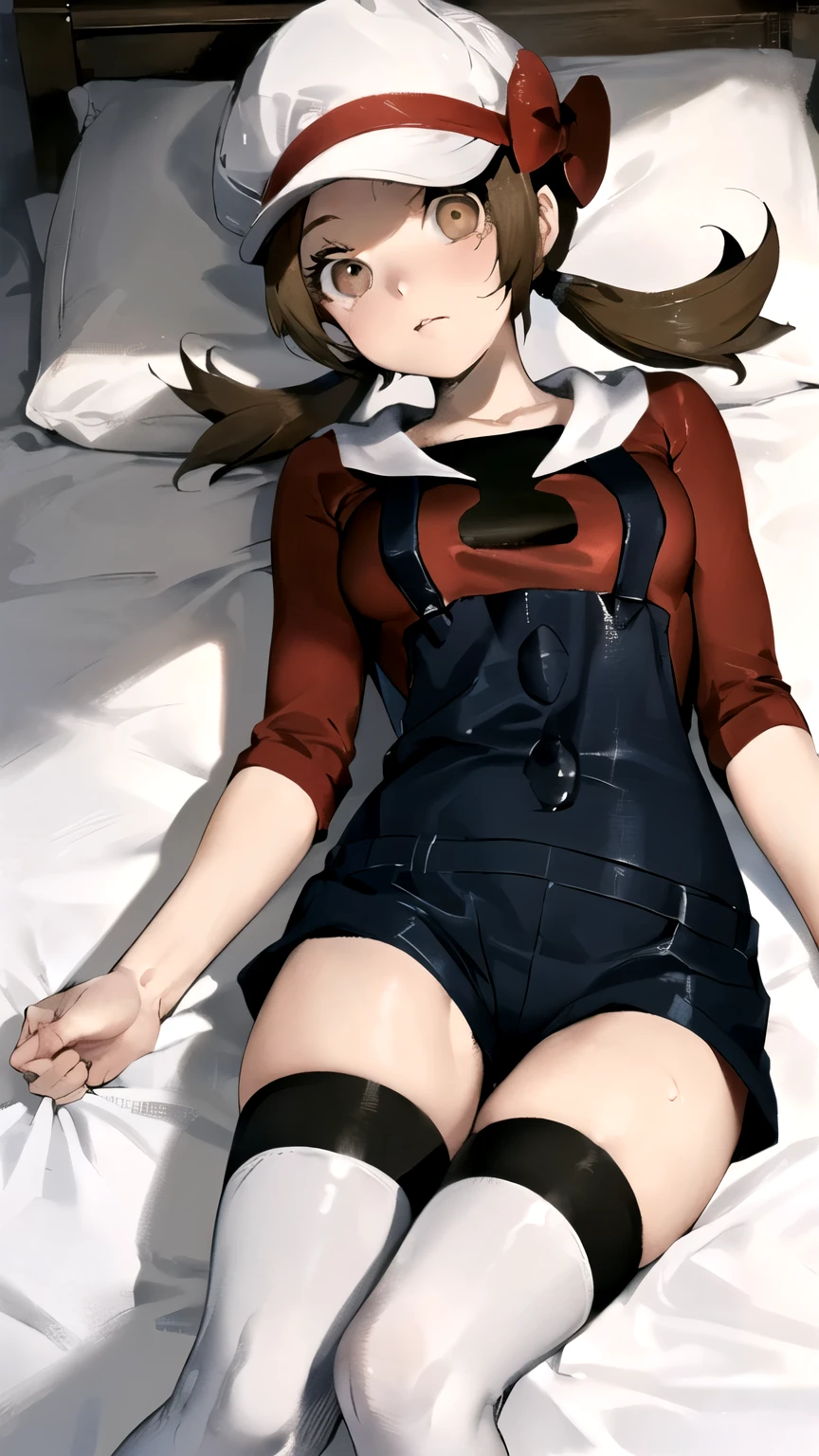 ((masterpiece,best quality)), {DATE_artstyle_LoRA : Manga_Style} {horror_edit : creepy_room_aura} {partially_monochrome} { (ly01, low_twintail , brown_eyes, eyelashes, perfectly_small_shape_breast : perfectly_slender_body : petite : } { overalls, white thighhighs, red bow, red shirt, white headwear, hat bow }}  {   } {lying_on_bed } { no_emotion : hypnotic_eyes : hypnotized_eyes } { sweating  } { } : dark : creepy otaku room : messy  }