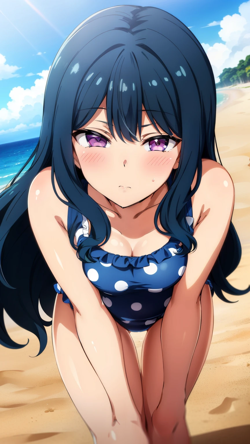 (masterpiece, best quality, high resolution, 8k:1.2),anime art style, nozaki yuu,anime, girl1people, (small breasts), (narrowed eyes, eyes half-closed, jitome, rolling eyes :1.2), (eye light: 1.2), closed mouth, blue hair, very long hair, (wavy hair:1.2), purple eyes, beautiful eyes, highly detailed face, (short:1.4), Detailed CG, expressionless, solo, ((polka dot pattern), swimsuit, frills, thighs, beach, blue sky, blush), (sexy pose:1.3)), looking at the viewer, in the center of the image, dynamic poses, dynamic angles, (cowboy shot:1.2)