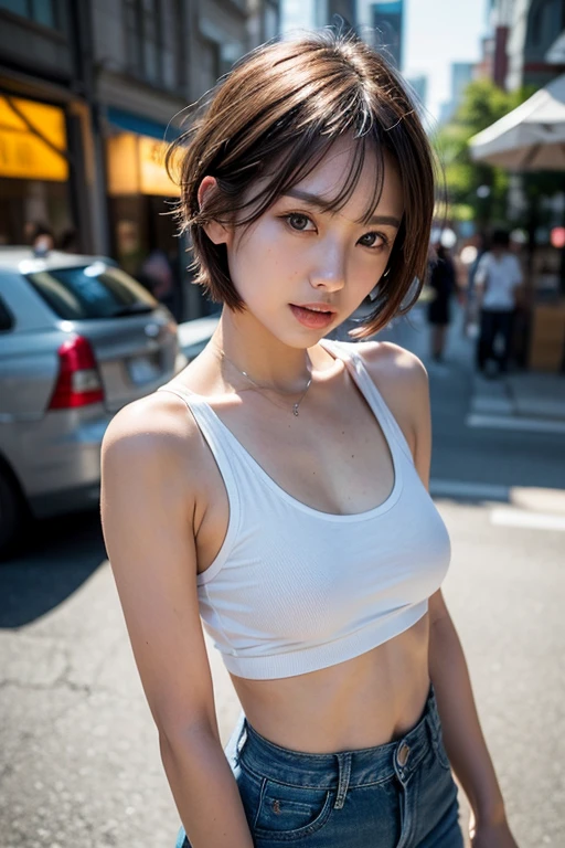 Cute 21 year old Japanese、university student、Sportswear、Highly detailed face、eye、double eyelid、Beautiful thin nose、Sharp focus:1.2、beauty:1.4、(Light brown hair、short hair、),Pure white skin、、Slender body、highest quality、masterpiece、Ultra-high resolution、(Photorealistic:1.4)、High resolution and professional lighting、Laughter、Big gym、