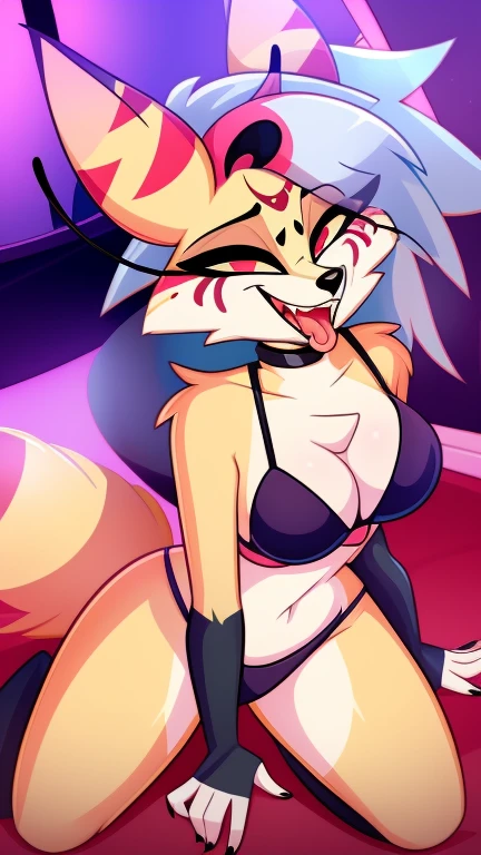 by fluff-kevlar, by ouka, by Kilinah, (((woman, breasts, antrum, extremely detailed, extremely detailed legs, extremely detailed arms, extremely detailed face, perfectly detailed eyes, perfectly detailed anatomy))): 1.2, beautiful and detailed portrait of an anthropomorphic vixen ((female))), anthro, female, fox, high definition, good anatomy, yellow fur, yellow body, simple background, highly detailed face, deep yellow iris, yellow eyes, purple hair, purple tipped yellow fox tail, long hair, dark lighting, moody lighting, full body, sexy body, slanky body, sexy face, nice, hot, cute, night, blushing, friendly smile, smile, friendly, elegant, dark, mysterious, alluring, beautiful, thigh highs, chest wear, covered chest, underwear, hand on hip, sassy pose, whip, holding a whip, seductive pose, side view, crouching