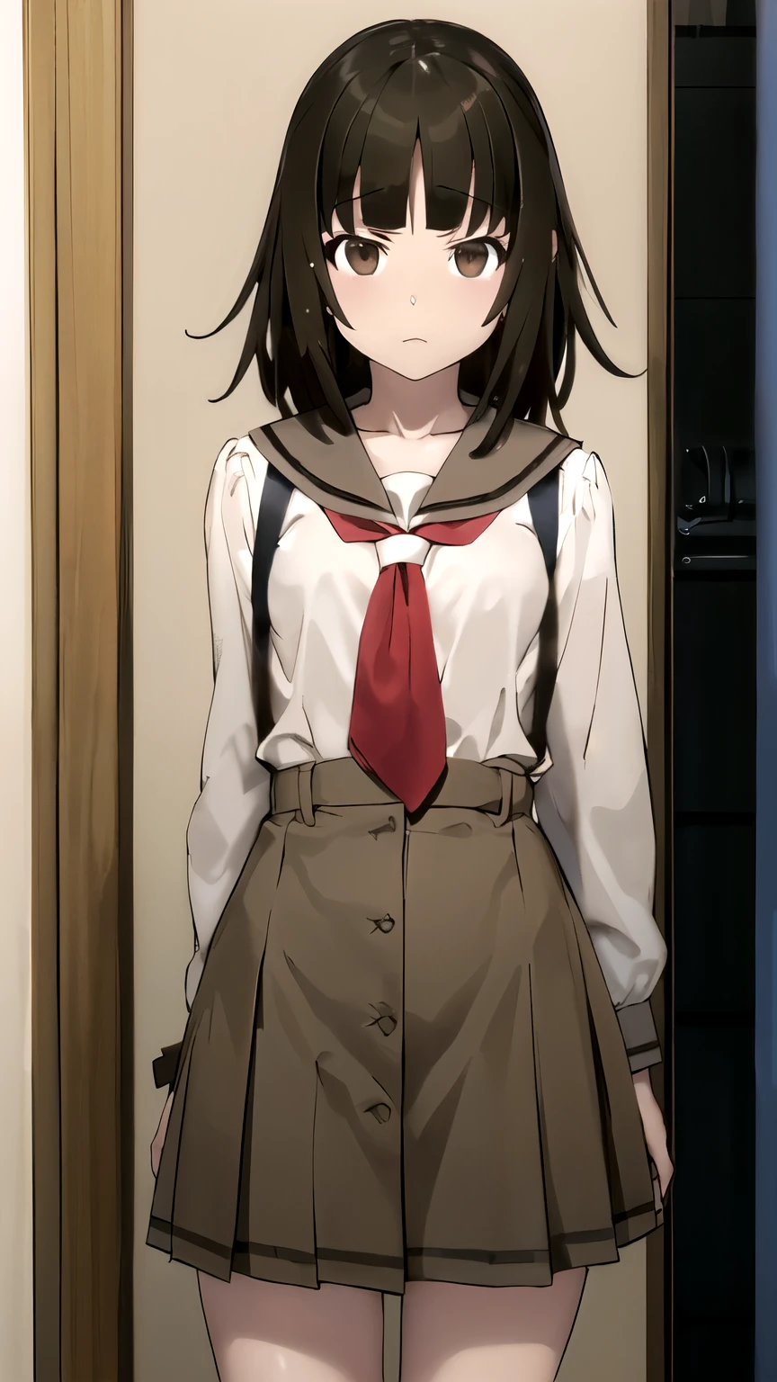 ((masterpiece,best quality)), {DATE_artstyle_LoRA : Manga_Style} {horror_edit : creepy_room_aura} {partially_monochrome} { (aanadeko, medium hair, brown hair, blunt bangs, brown eyes, brown skirt, perfectly_small_shape_breast : perfectly_slender_body : petite : } { school uniform, sailor collar, red neckerchief, suspenders }} { } {standing_still} { no_emotion : hypnotic_eyes : hypnotized_eyes } { sweating } { } : dark : creepy otaku room : messy }