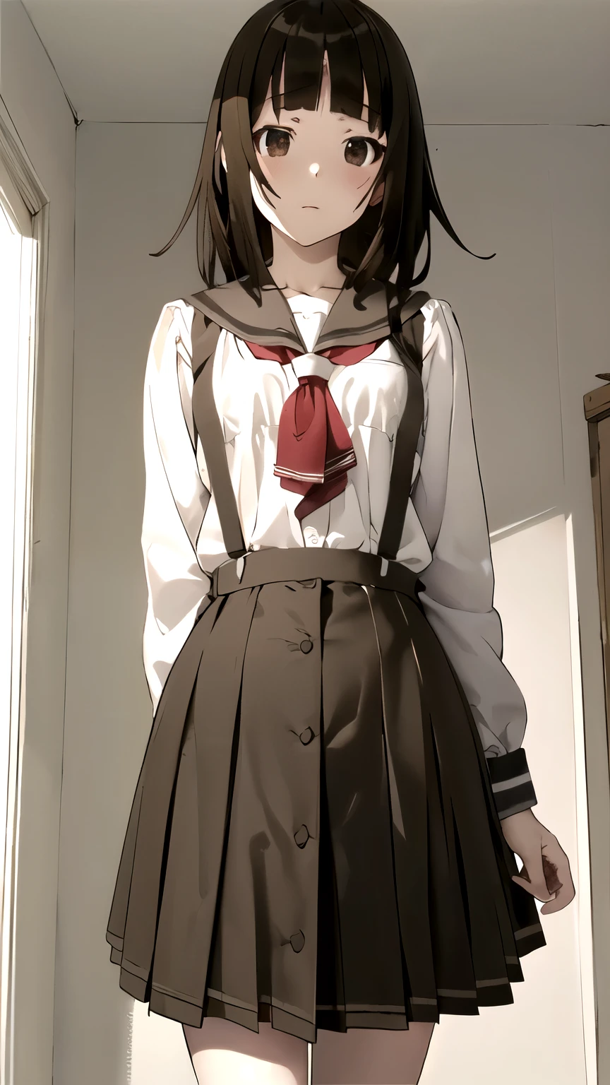 ((masterpiece,best quality)), {DATE_artstyle_LoRA : Manga_Style} {horror_edit : creepy_room_aura} {partially_monochrome} { (aanadeko, medium hair, brown hair, blunt bangs, brown eyes, brown skirt, perfectly_small_shape_breast : perfectly_slender_body : petite : } { school uniform, sailor collar, red neckerchief, suspenders }} { } {standing_still} { no_emotion : hypnotic_eyes : hypnotized_eyes } { sweating } { } : dark : creepy otaku room : messy }